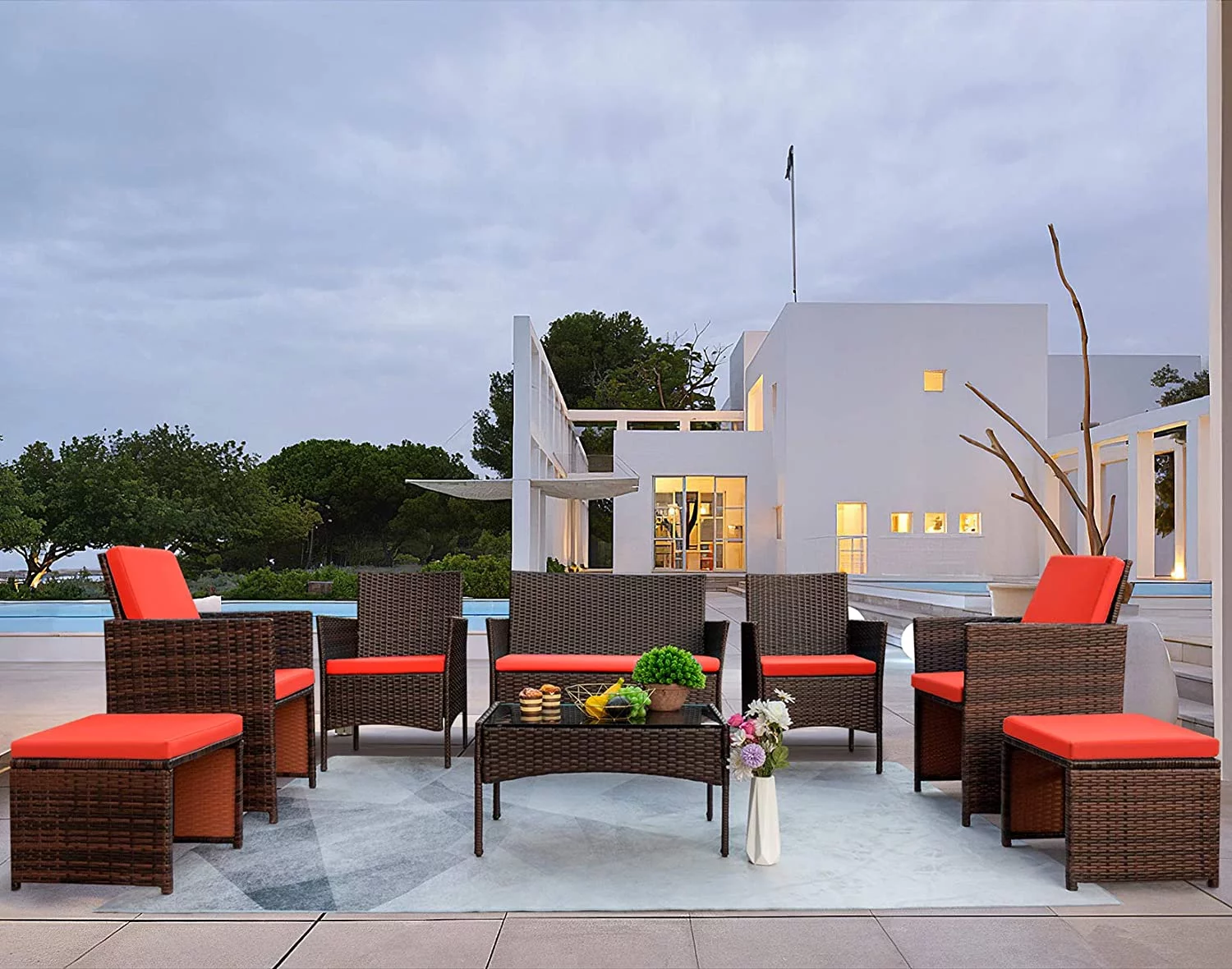 Vineego 8 Pieces Patio Furniture Set Outdoor with Ottoman and Strong Steel Frame with 6 seats