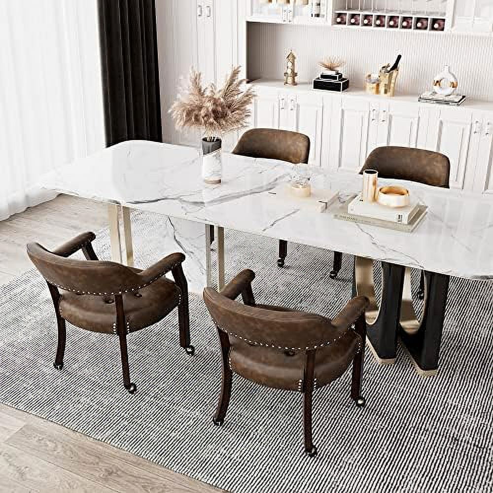 GEROBOOM Dining Chair with Casters  Kitchen Table Chair with Caster & Arms  Roller Poker Table Chairs with Wheels  Wood Captains Game Table Rolling Chairs(Cherry&Purplish Blue 153