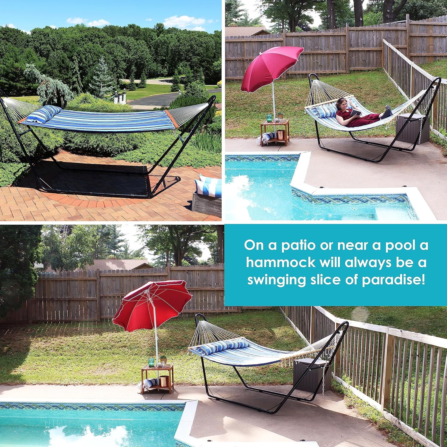 Double Quilted Fabric Hammock With Universal Steel Stand - 450-Pound Capacity - Black Stand - Misty Beach