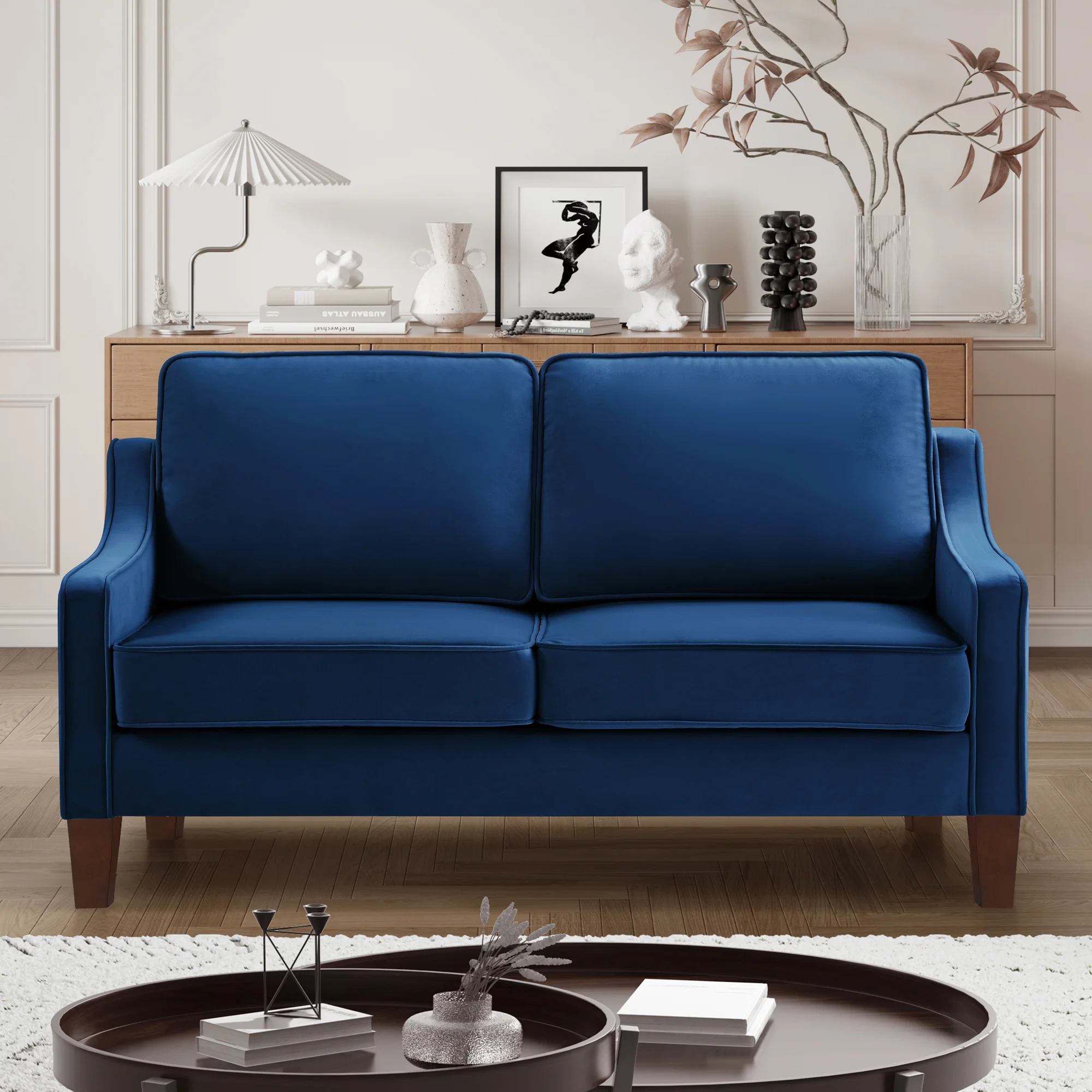 Ufurpie Modern Loveseat sofa for Living Room,2 Seat Upholstered Velvet Small Couch with Wooden Legs for Living Room Bedroom,Blue