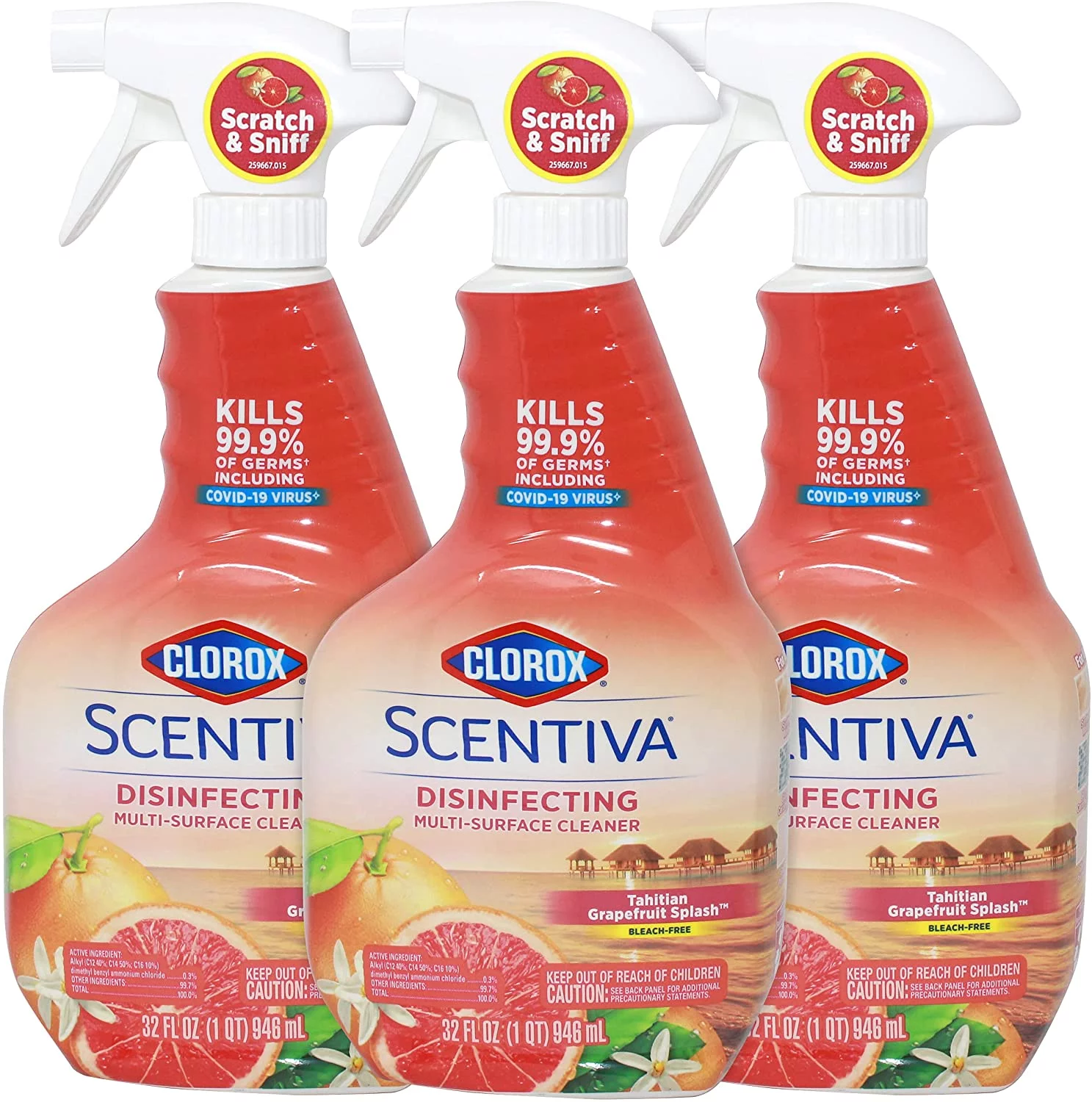 Clorox Scentiva Multi Surface Cleaner Tahitian Grapefruit Splash Bleach Free, 32 Fl Ounce (Pack of 3)