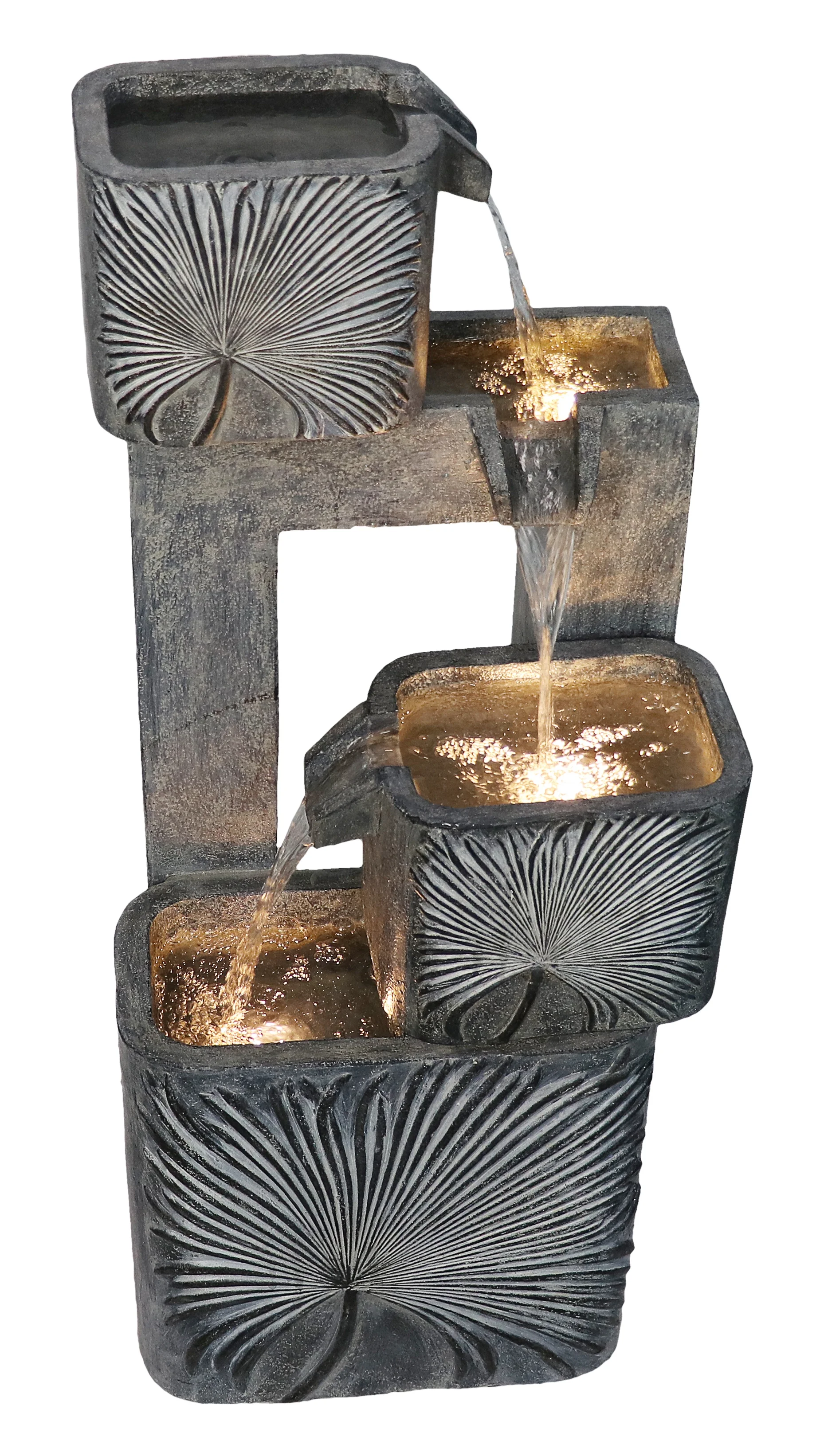 3 Tiers Square Modern Cascading Water Fountain Outdoor with Warm White LEDS