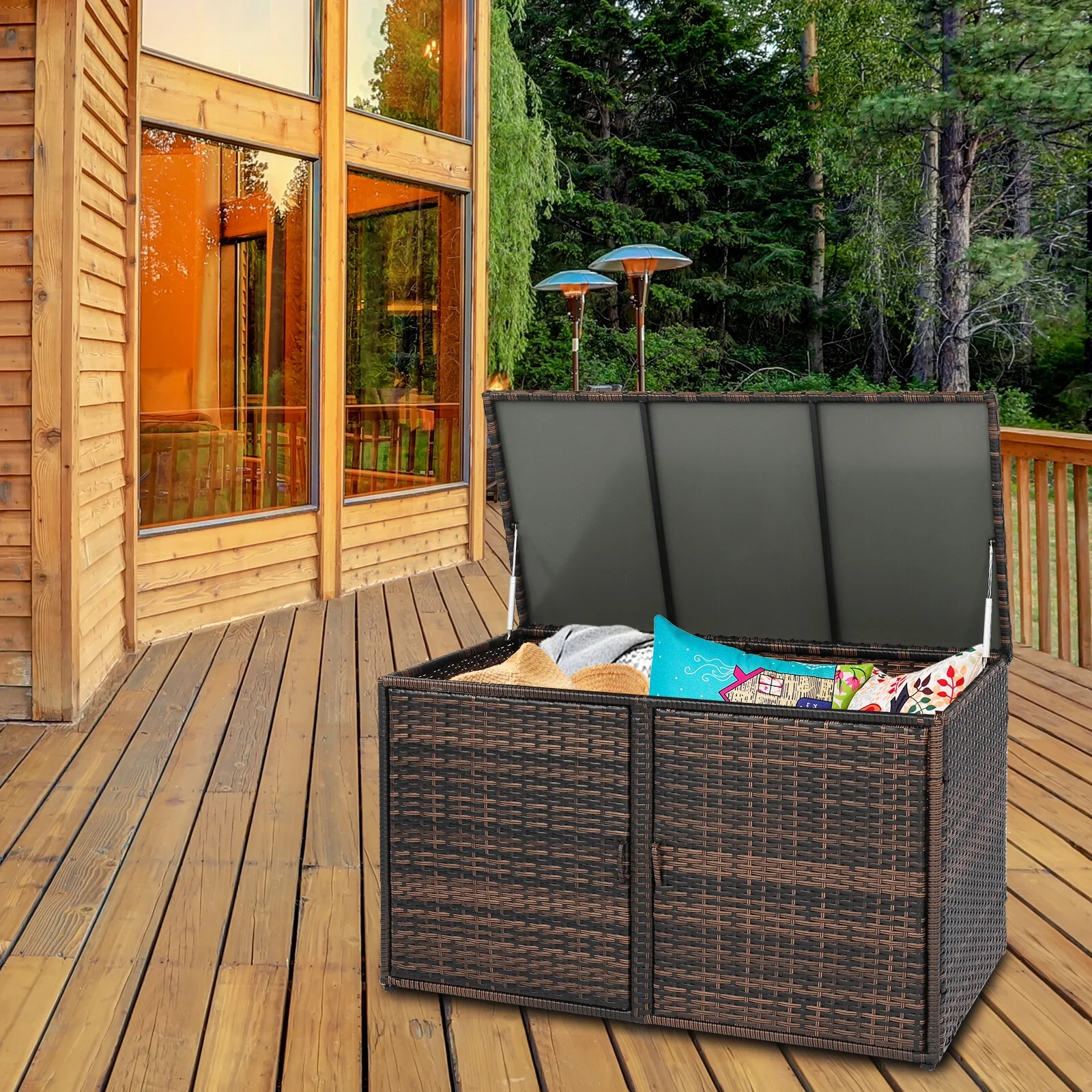 BAYUELSWU Outdoor Wicker Side Table with Storage, 104Gallon Double Door Storage Box, PE Rattan End Table for Furniture Covers, Toys, Gardening Tools (Brown)