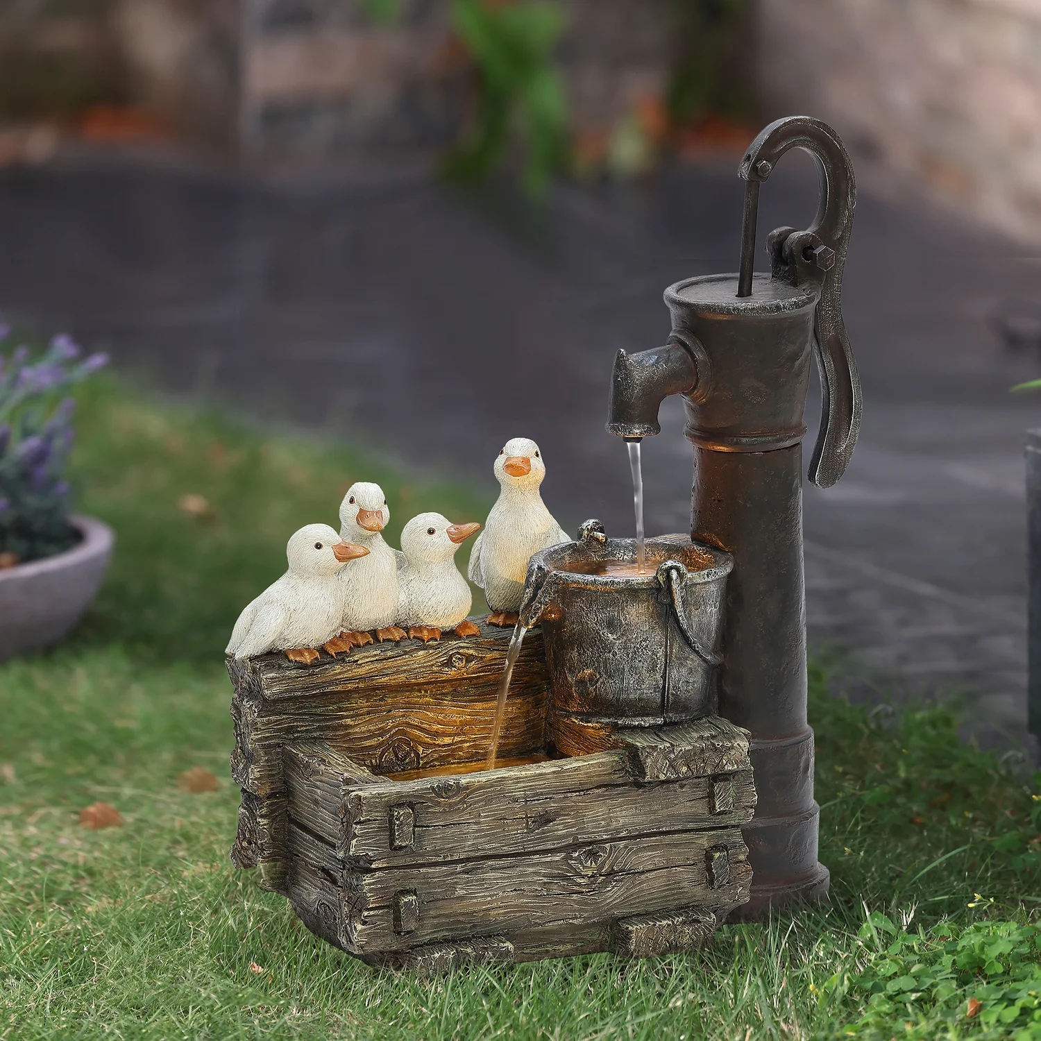HomeStock Coastal Charm Crate And Baby Ducks Resin Outdoor Fountain With Led Lights