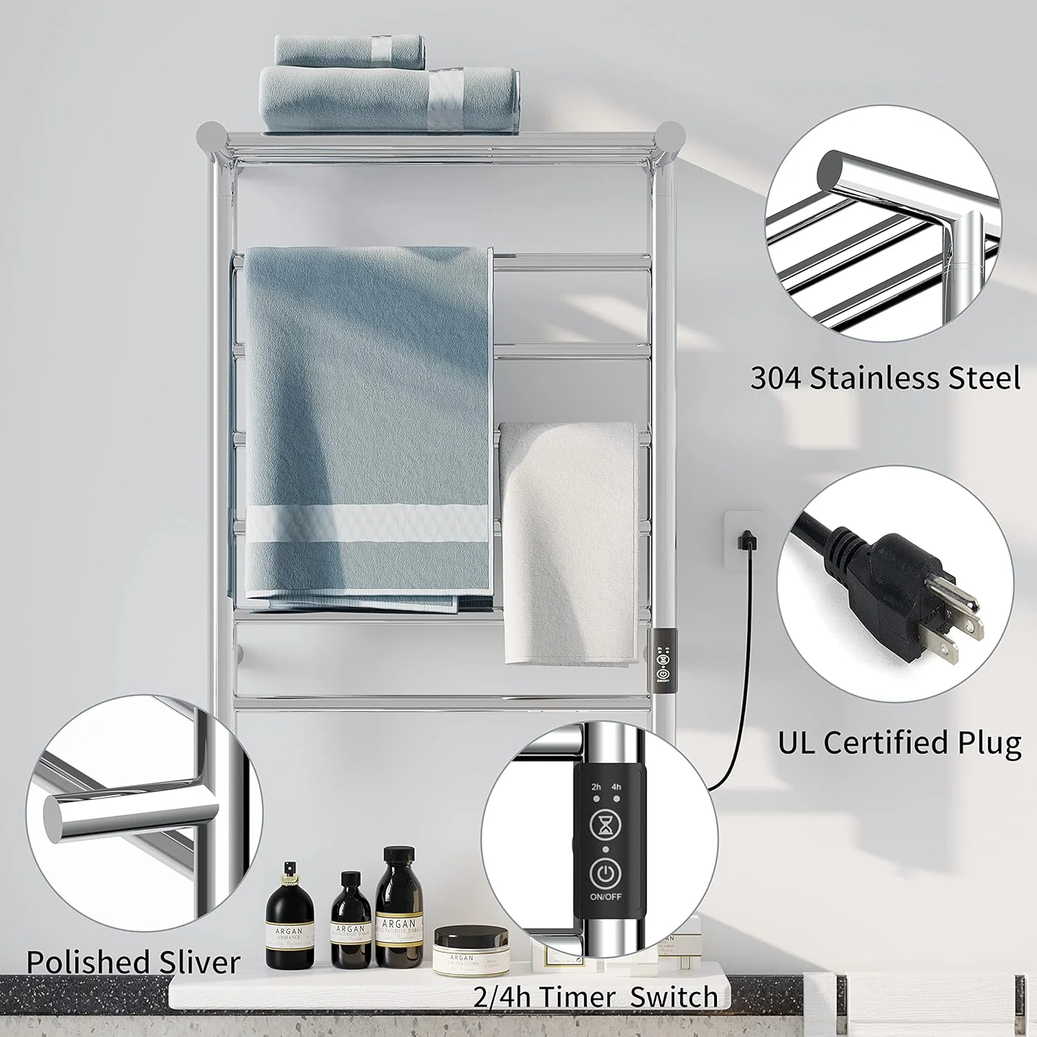 Polish Chrome Heated Towel Rack Towel Warmer 6 Bar Plug-in Curved Bath Towel Heater Wall Mounted Hot Towel Racks with Top Shelf Plug-in Drying Rack