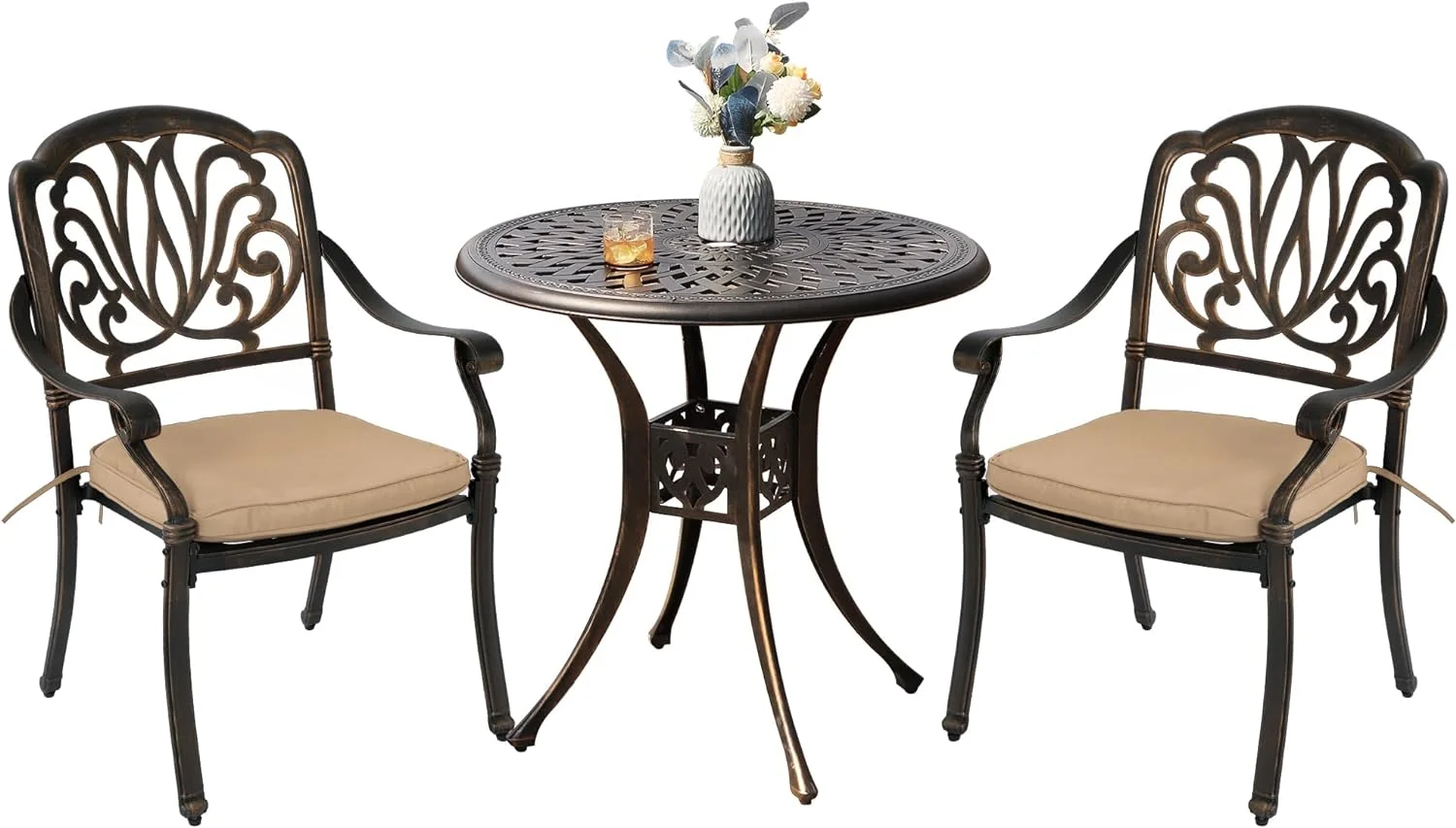 Haverchair 3 Piece Bistro Set Outdoor Cast Aluminum Patio Dining Set Table and Chairs Outside Bistro Furniture 2 Chairs with Khaki Cushions and 1 Umbrella Table for Lawn Garden