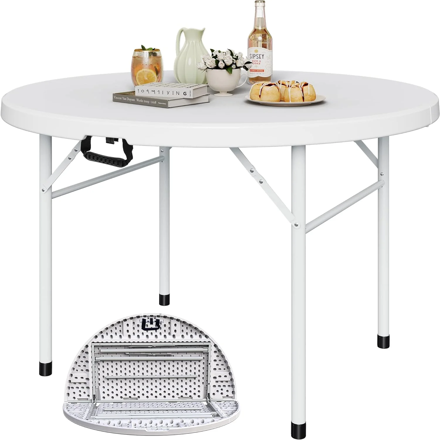 48 Inch Round Folding Table for Outdoor/Indoor, Heavy Duty Folding Plastic Table w/Thick Table Top and Sturdy Metal Frame, Ideal for Party Picnic Camping BBQ Events, White