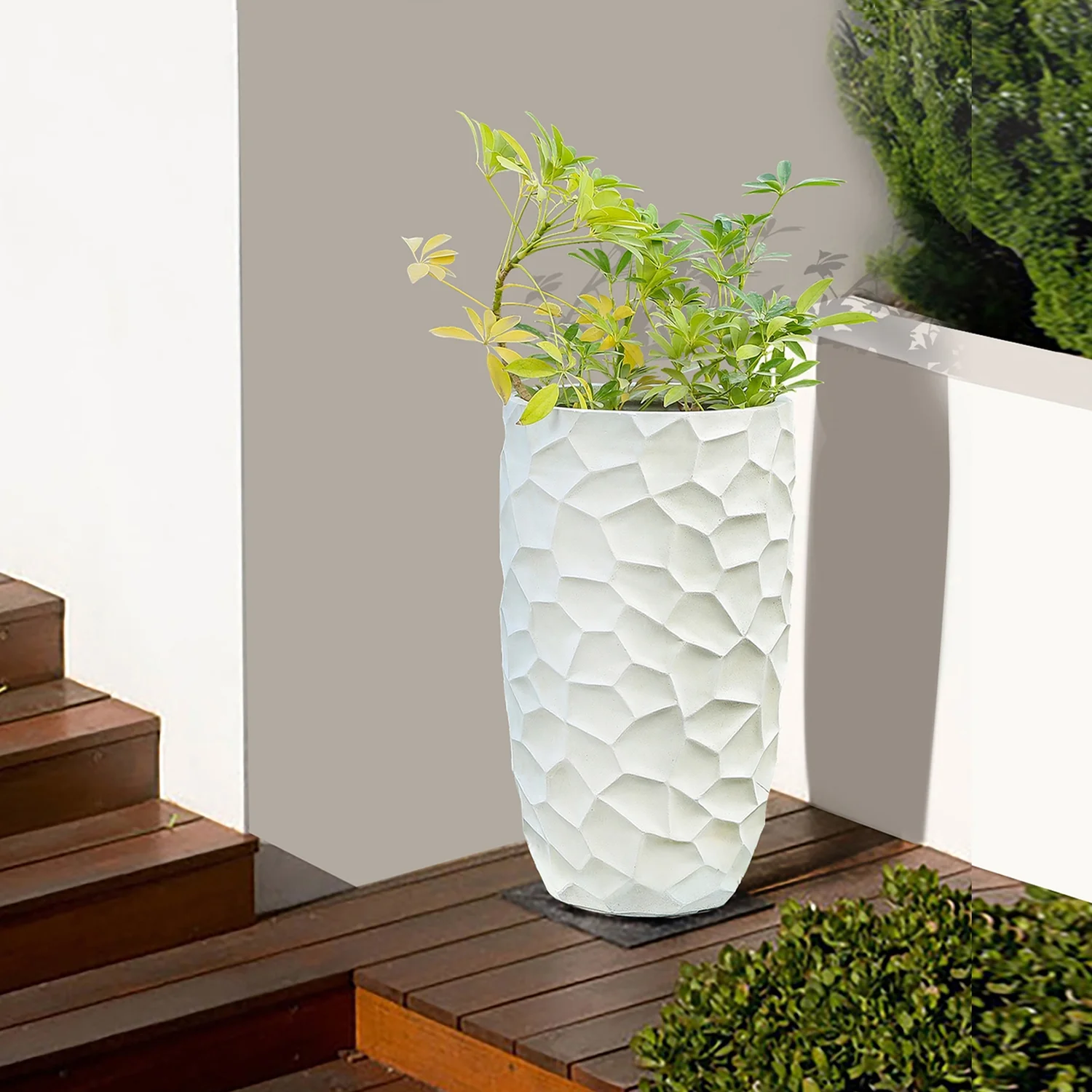 HomeStock Mountain Lodge White Mgo 22In. H Geometric Pattern Round Tall Planter