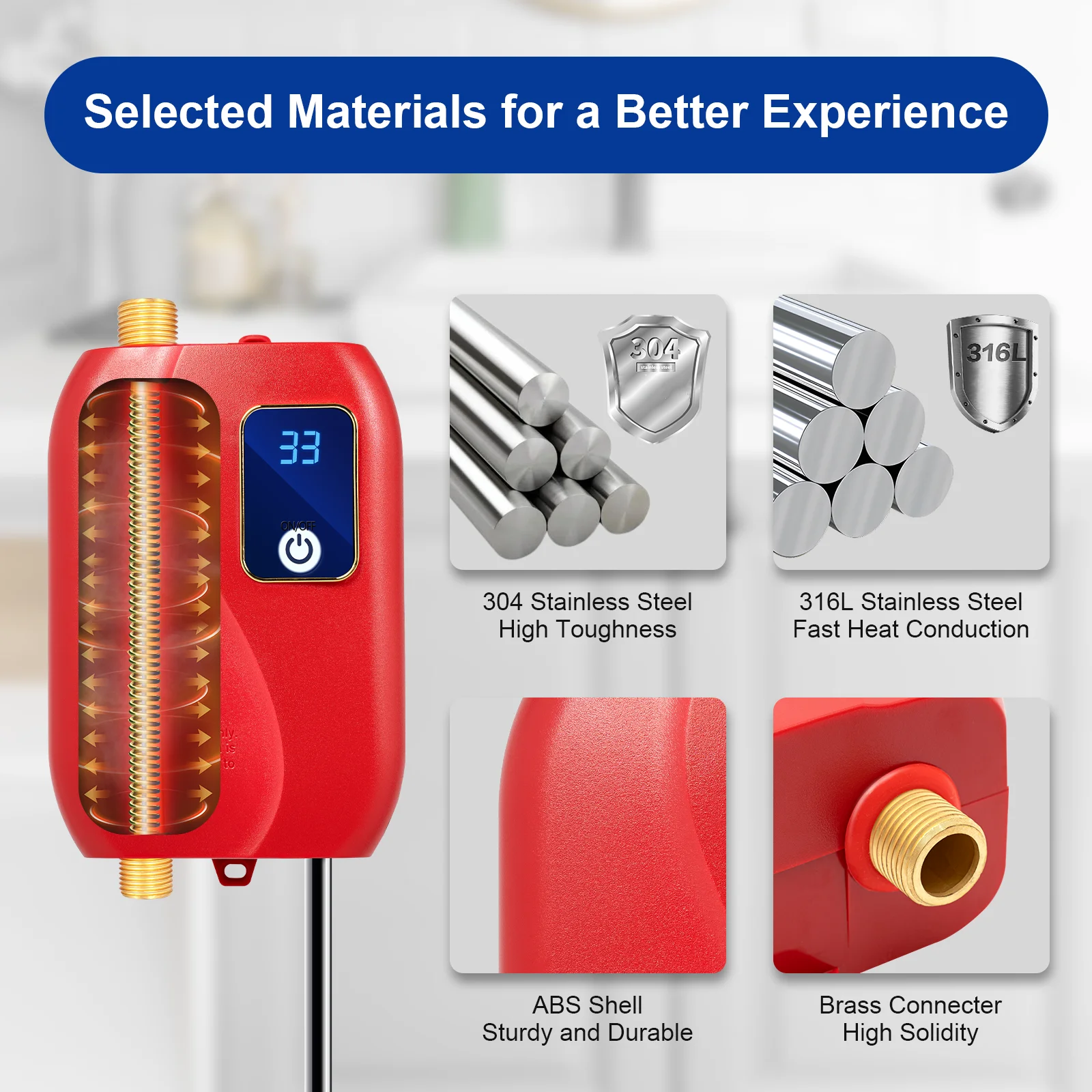 110V 3000W Mini Electric Tankless Instant Hot Water Heater Bathroom Kitchen Red 20-50℃/68-122℉