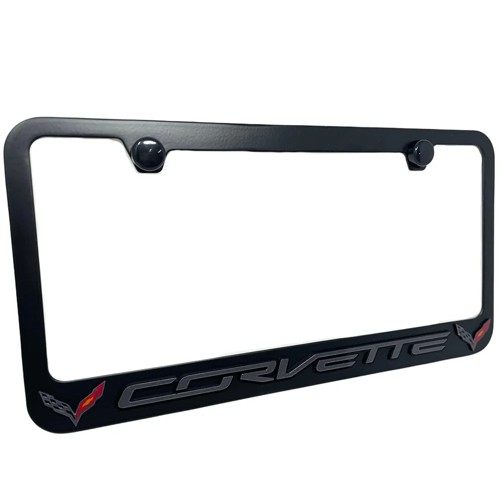 C7 Corvette License Plate Frame - Black with Black C7 Crossed Flags Logo