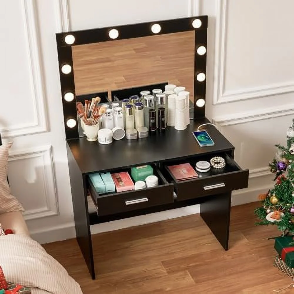 TQJKLFDY Vanity Desk with Large Lighted Mirror for Christmas Day   Vanity with 10 Lights  2 Drawers & Power Strip  Vanity Desk Set  Dressing Vanity Tables for Women Girls  Bedroom  Bl