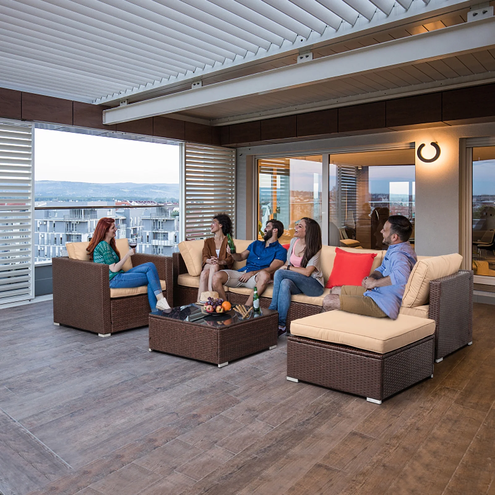 Ktaxon 7 Pieces Outdoor Sectional PE Rattan Sofa Set, Wicker Sectional Set, Patio Set for All Weather w/ Cushion, Brown