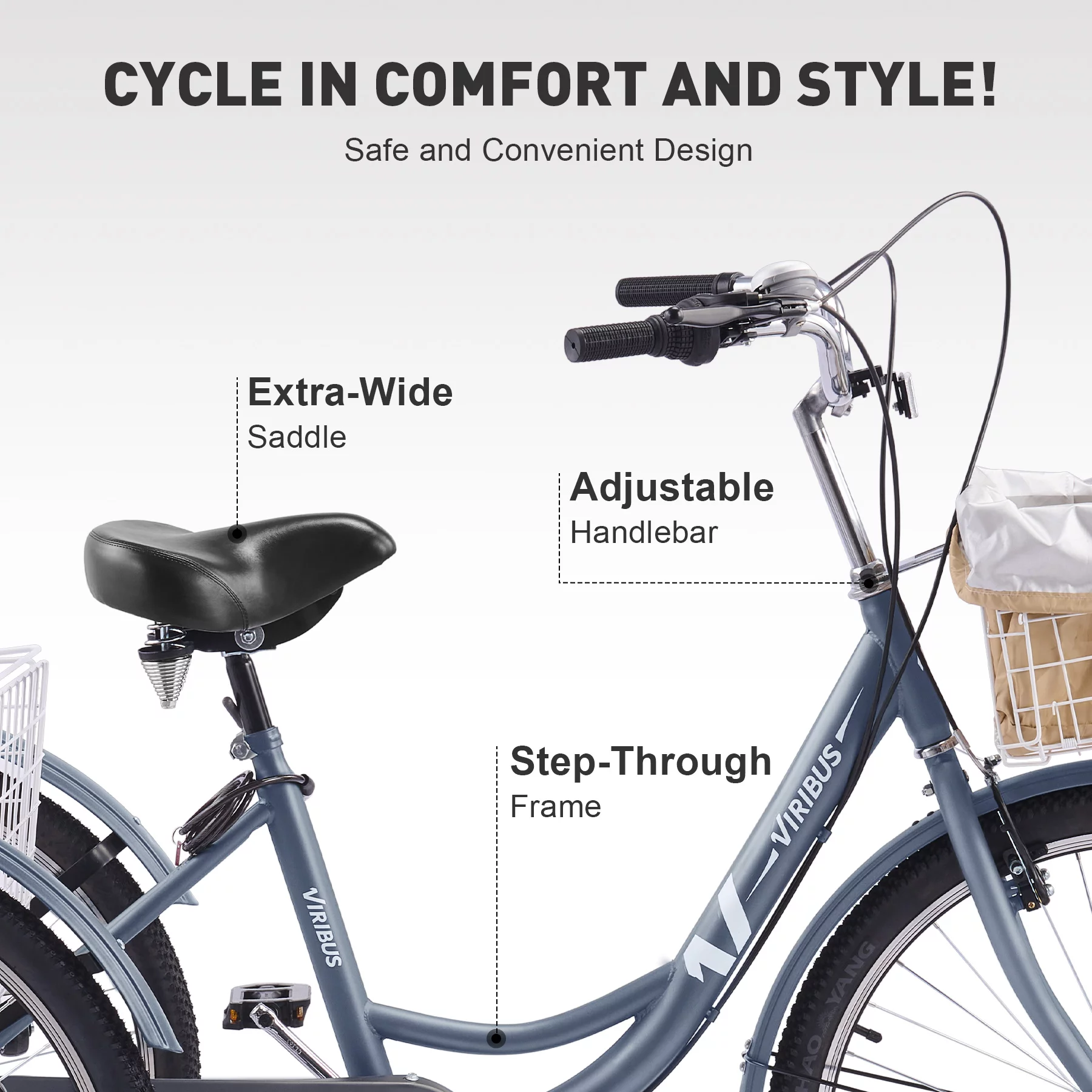 VIRIBUS 24 Inch Adult Exercise Trike 7 Speed with Front Rear Basket Matte Gray