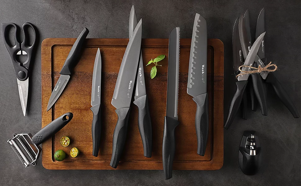 Wanbasion 16 Pieces Black Kitchen Knife Set Dishwasher Safe, Professional Chef Kitchen Knife Set, Kitchen Knife Set Stainless Steel with Knife Sharpener Peeler Scissors Acrylic Block