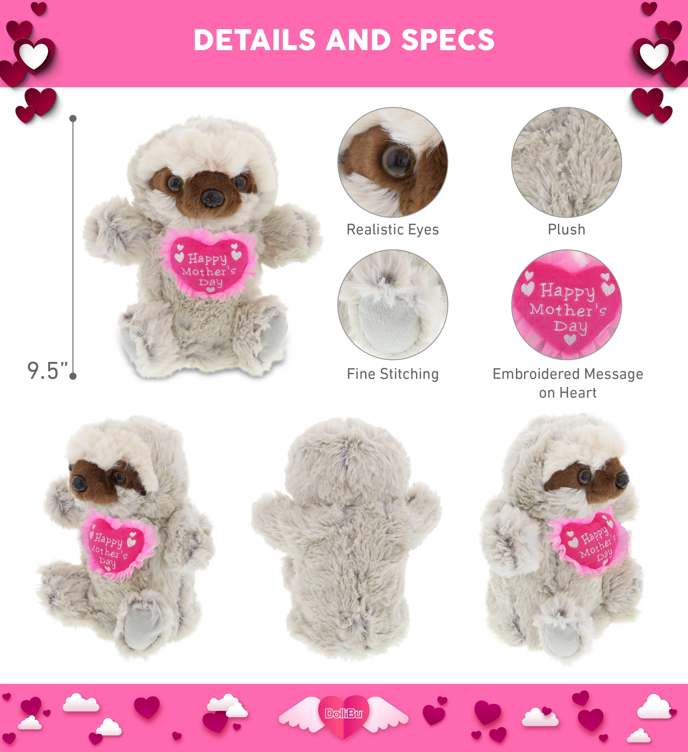 DolliBu Happy Mother's Day Sloth Plush Hand Puppet - Cute Stuffed Animal Present With Pink Heart Message for Best Mommy, Grandma, Wife, Daughter - Cute Wild Life Plush Puppet Toy Gift - 9.5 Inches