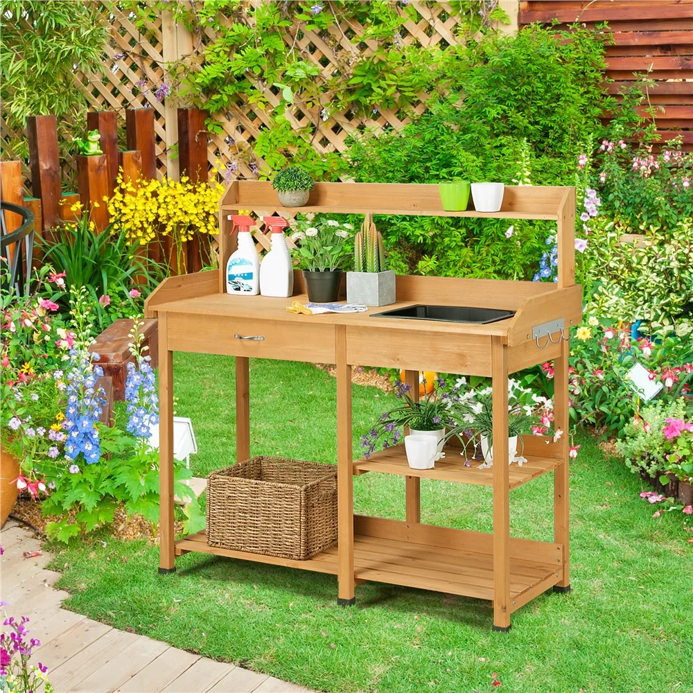 Yaheetech Wood Potting Bench with Removable Sink - Natural Finish