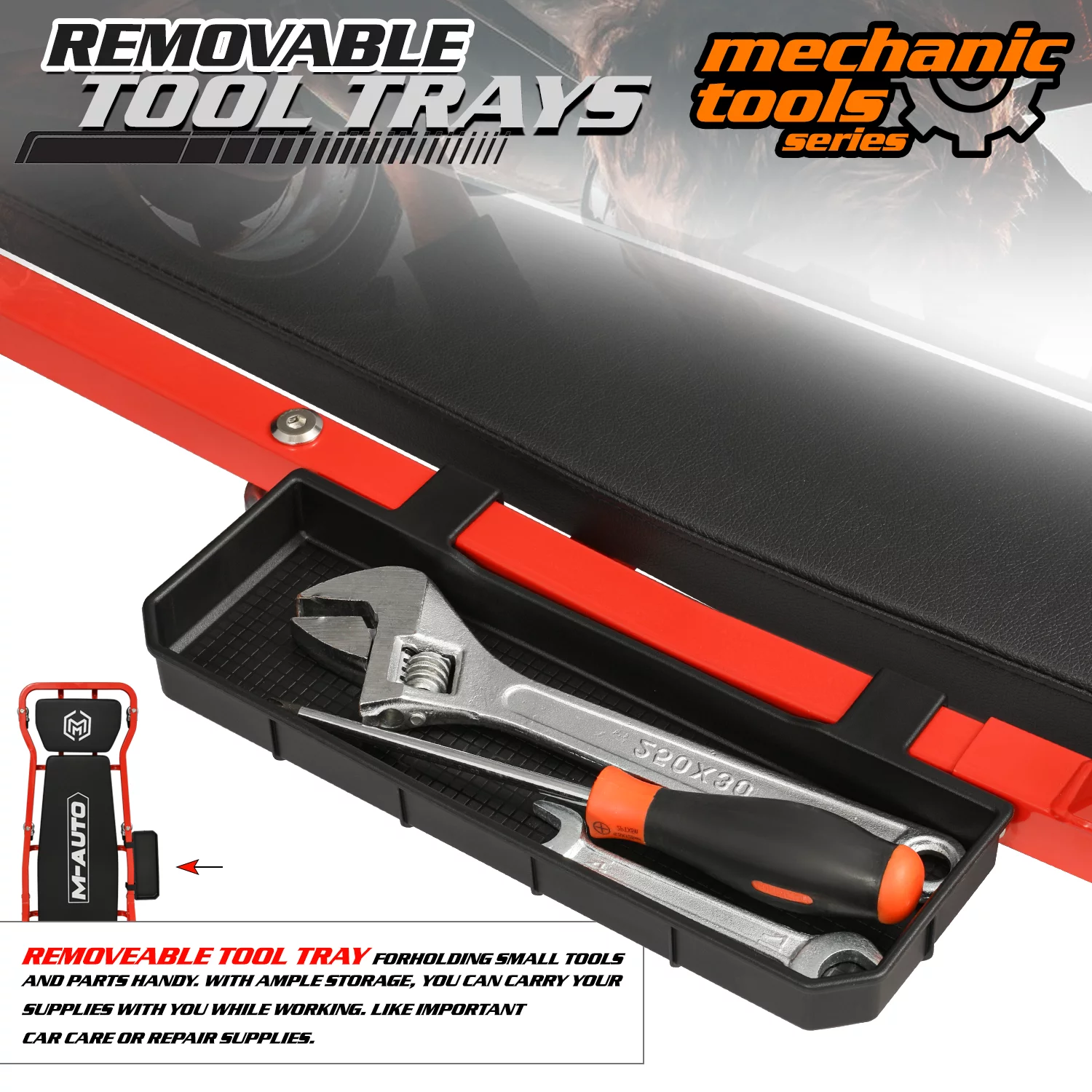 M-AUTO 42.5 Inches Upholstered Rolling Creeper Mechanic Cart with Adjustable Headrest & Handle and 6 Casters, 300 lbs Capacity, Red