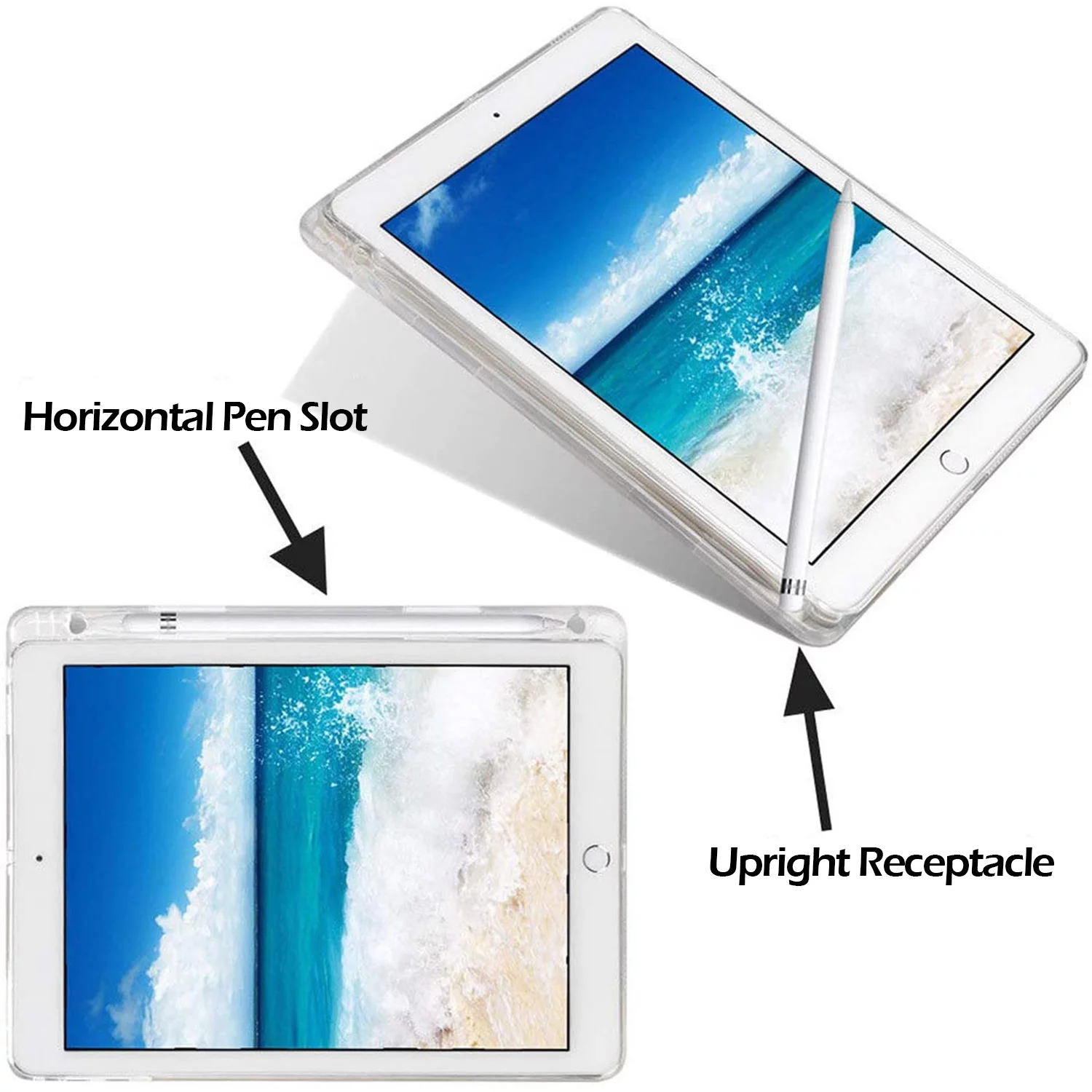 iPad 9.7 Inch 5 6 Air 1 2 [iPad 5th 6th Air 1st 2nd ] A1893 A1954 A1822 A1823 A1566 A1567 A1474 A1475 A1476 Silicon Transparent Slim Back Cover - Transparent with Pencil Holder