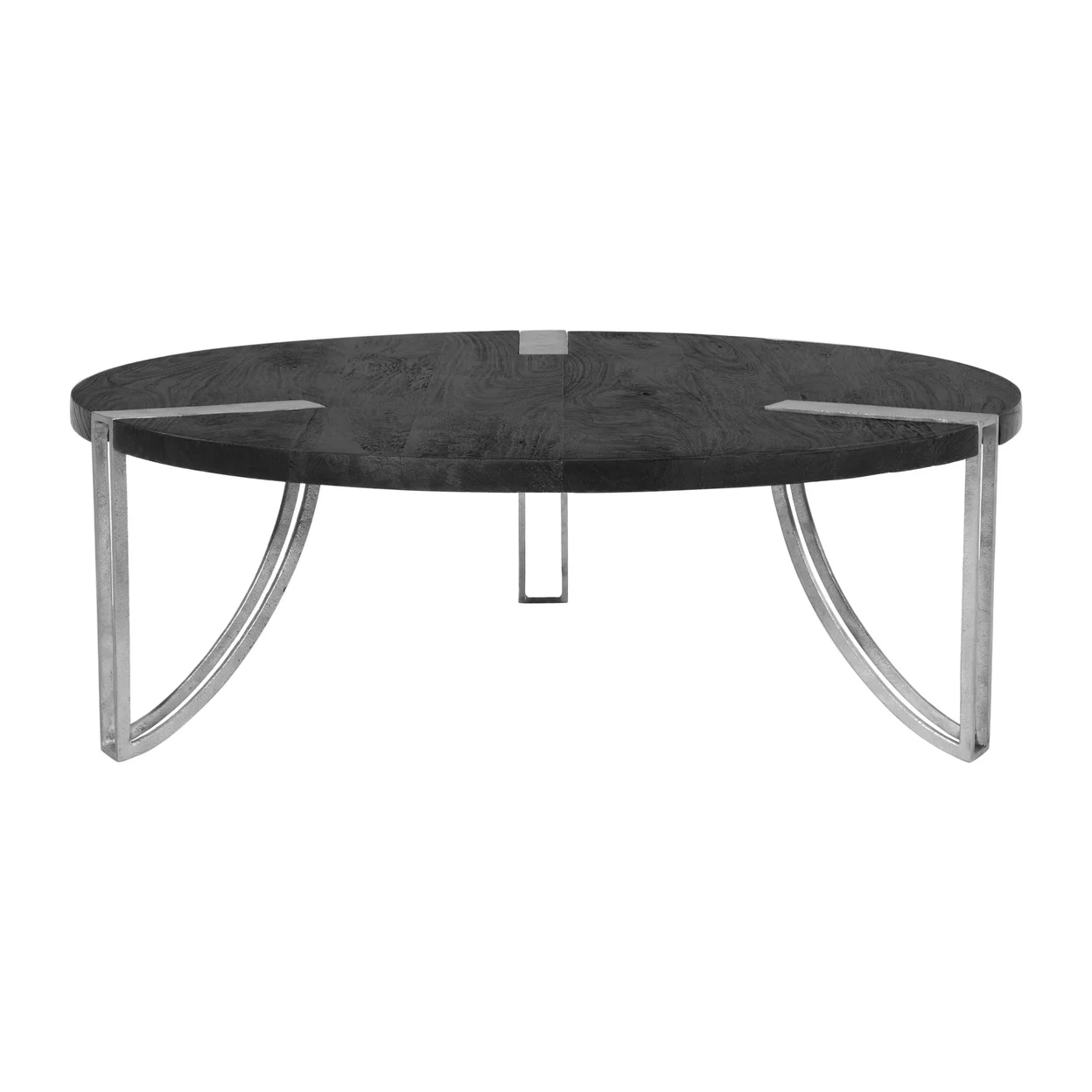 35 Inch Round Coffee Table Sandblasted Matte Black Mango Wood Top Curved Aluminium Legs Antique Silver - Saltoro Sherpi