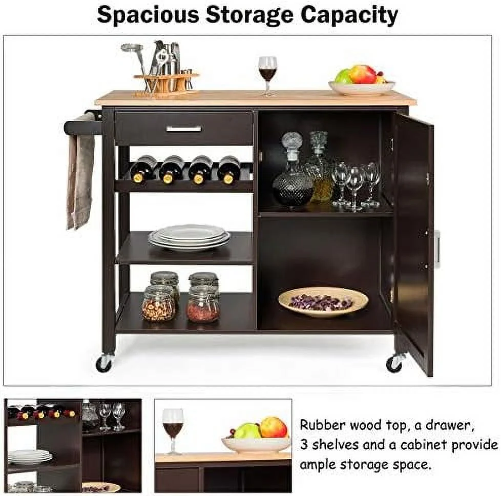 HYHBIBOOM Rolling Kitchen Trolley Cart  Utility Kitchen Cart with Rubber Wood Top  Towel Rack and Lockable Wheels  Rolling Kitchen Island Cart Trolley  Cabinet Towel Rack Drawer Shelves