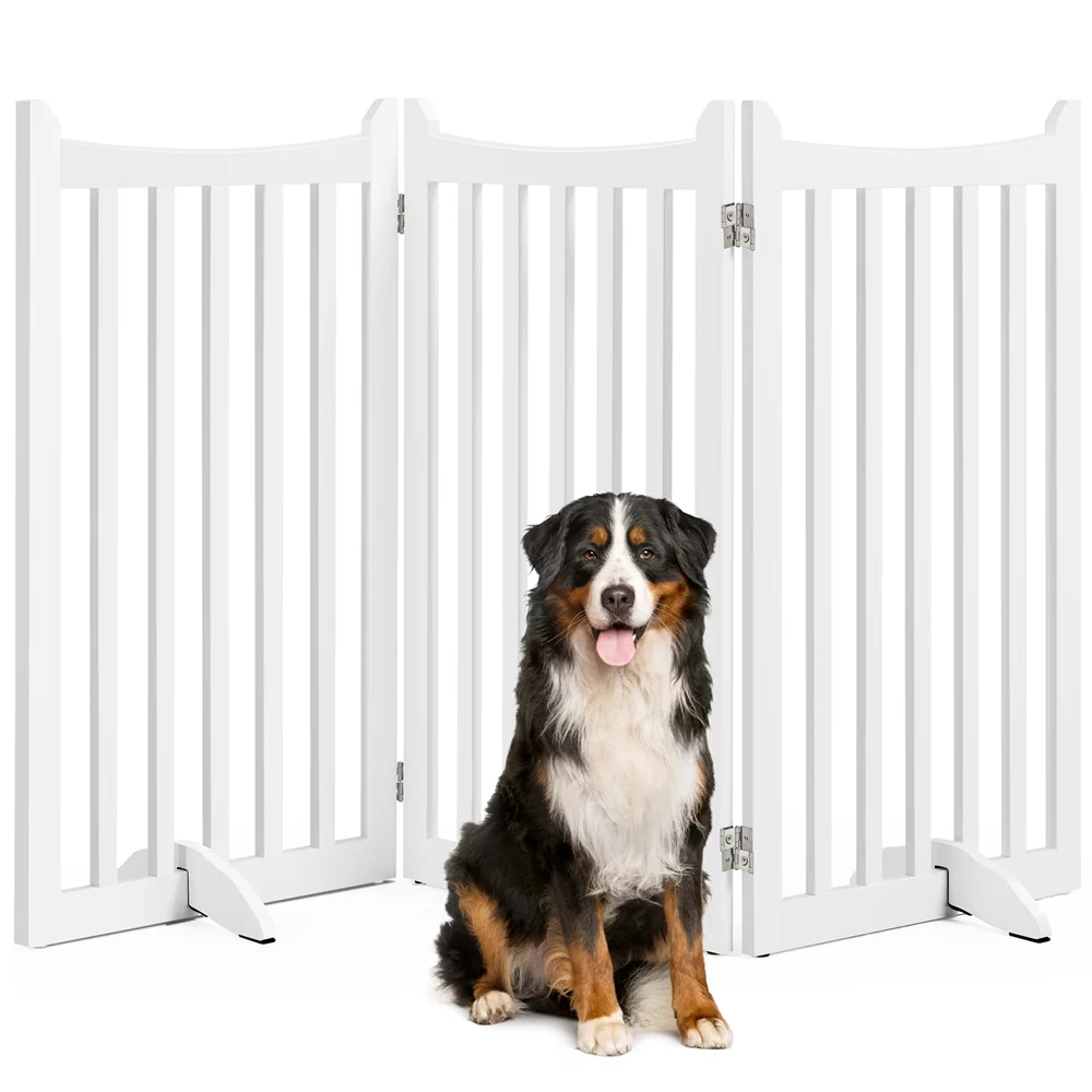 SmileMart 36″ Tall 3-Panel Foldable Freestanding Wooden Dog Gate for Small Pet, White
