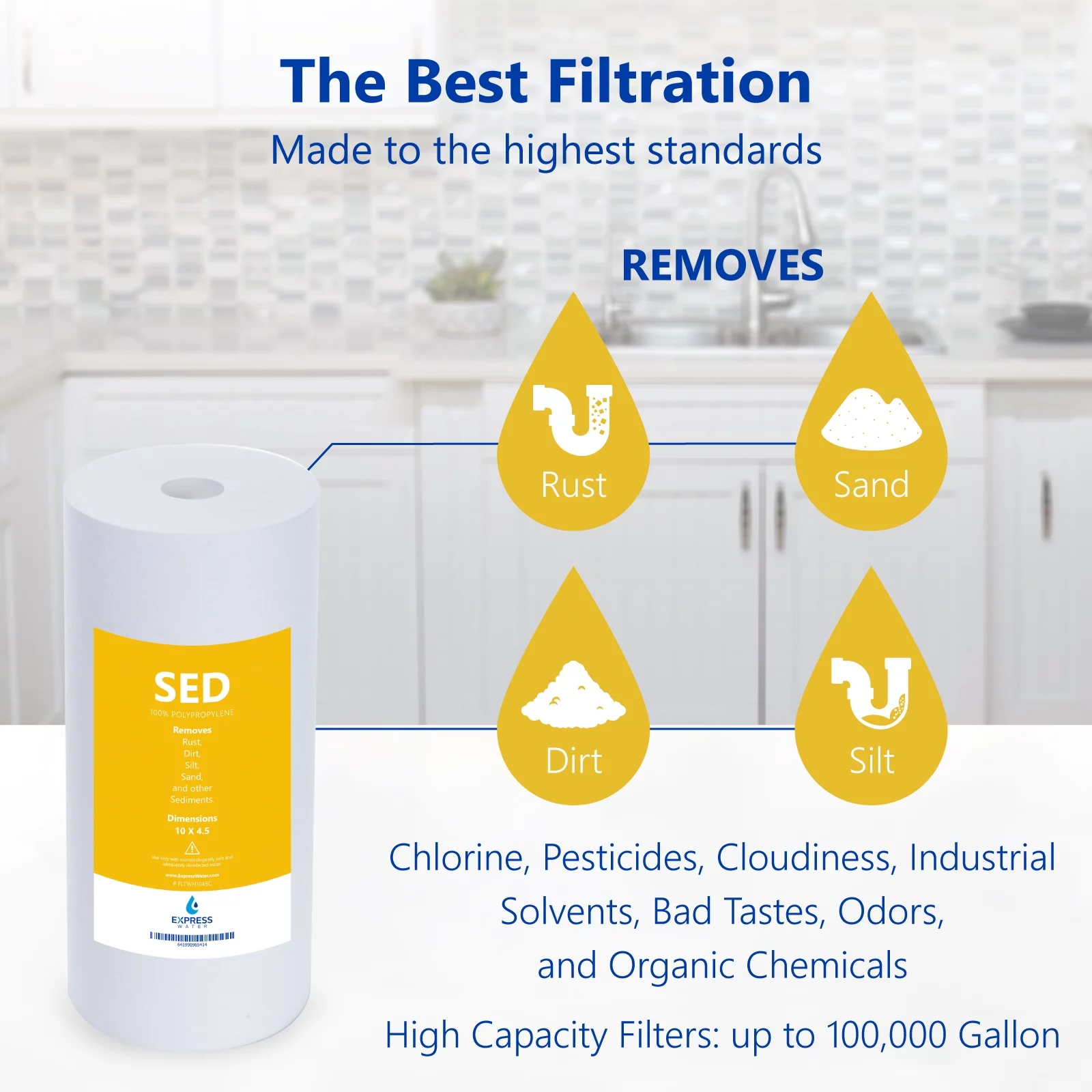 Express Water – Big Blue Sediment Replacement Filter – SED Dirt, Sand, Rust High Capacity Water Filter – Whole House Filtration – 5 Micron – 4.5” x 10” inch