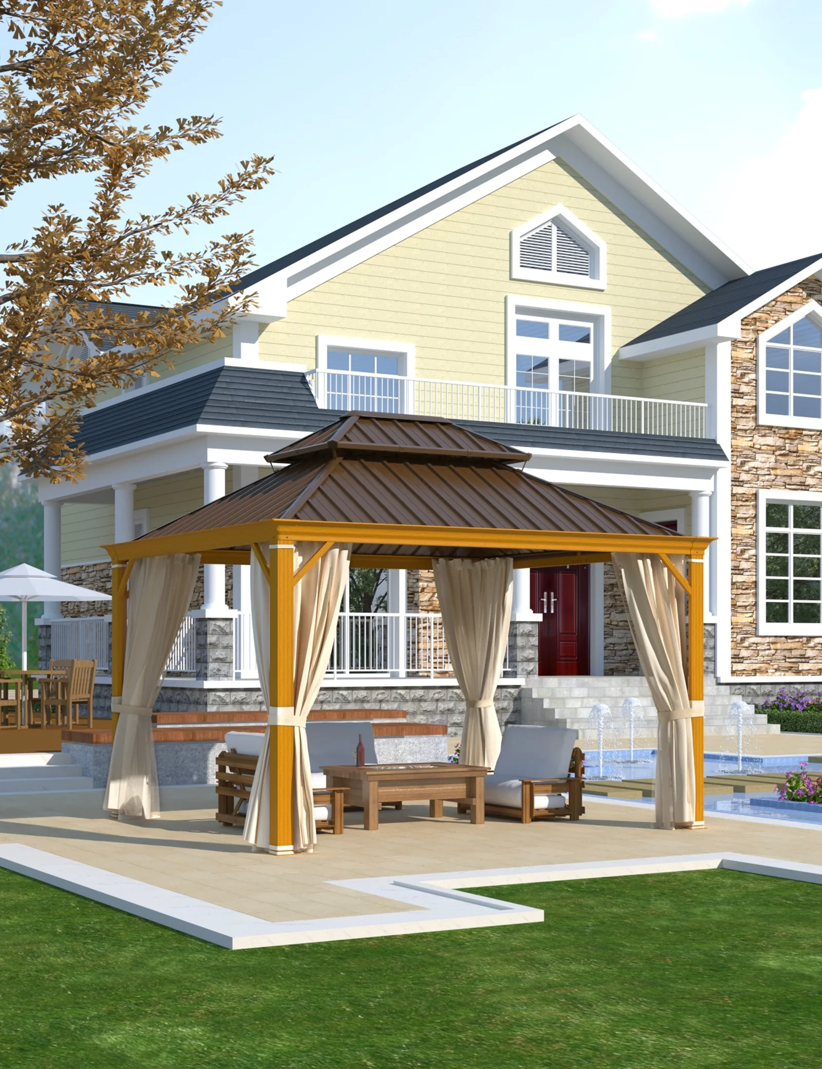 Hommow 10' x 12' Hardtop Gazebo, Wooden Finish Coated Aluminum Frame Gazebo with Double Roof