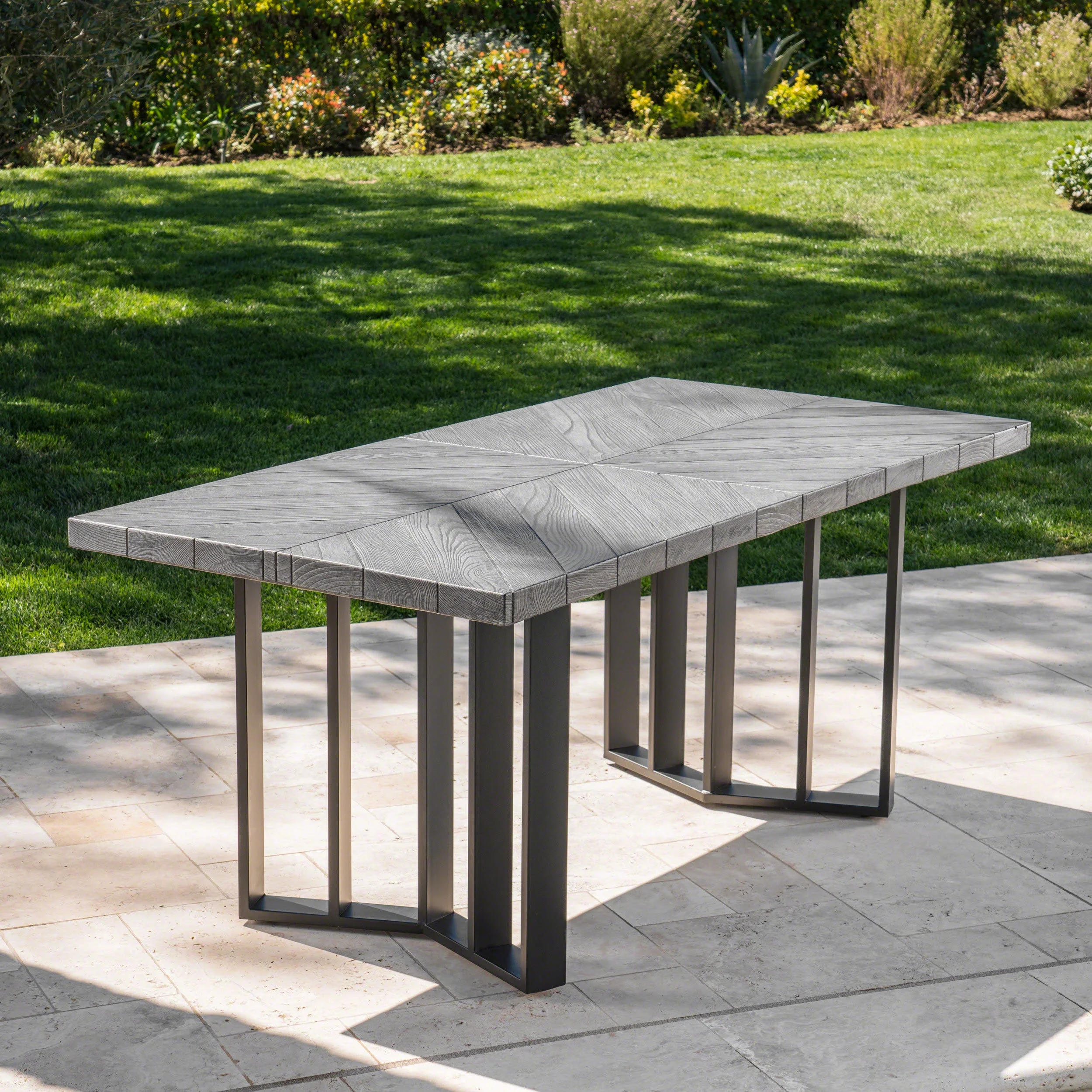Veronica Outdoor Textured Oak Finish Light Weight Concrete Dining Table,Grey