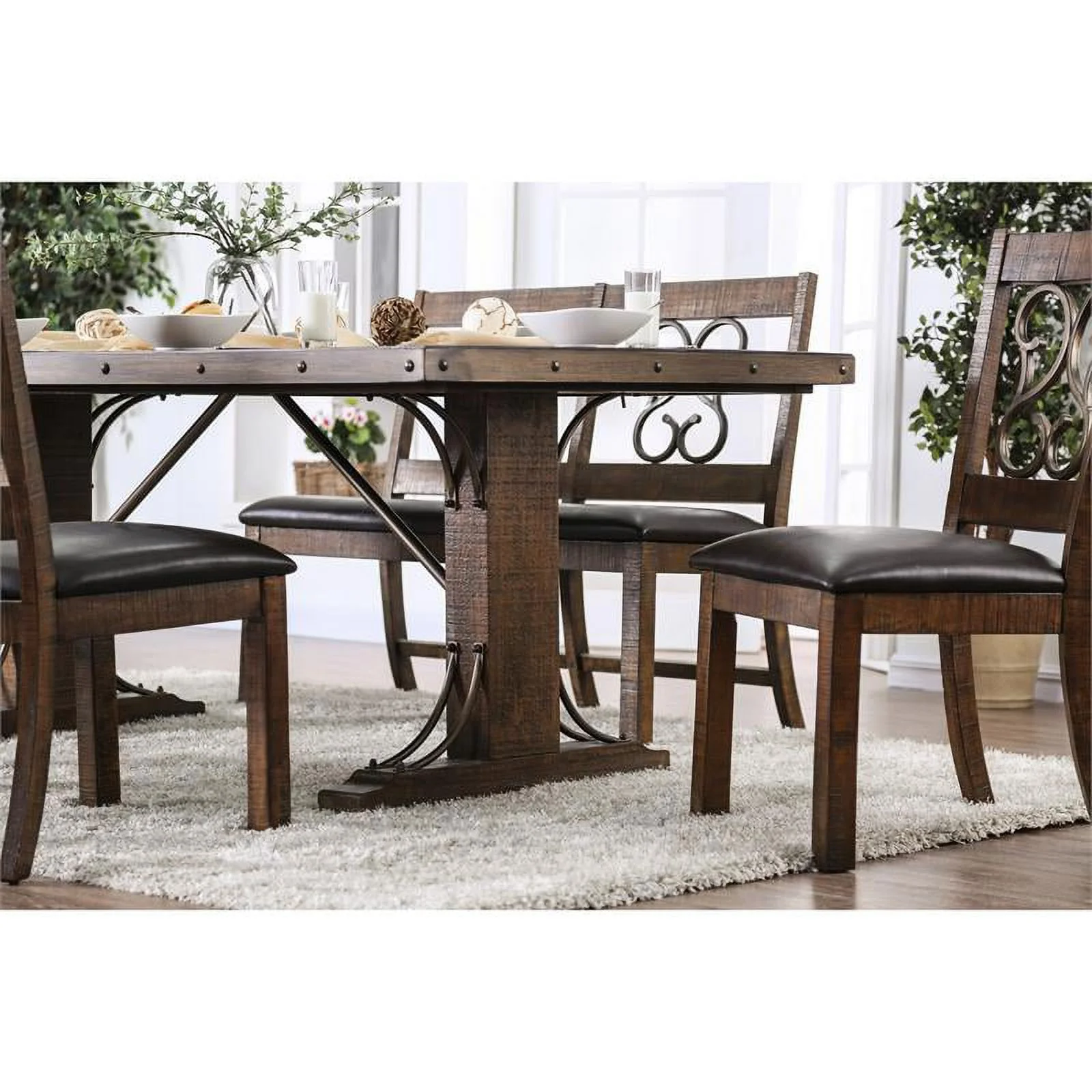 Furniture of America Arlyne Rustic Walnut Wood 6-Piece Dining Set with Bench