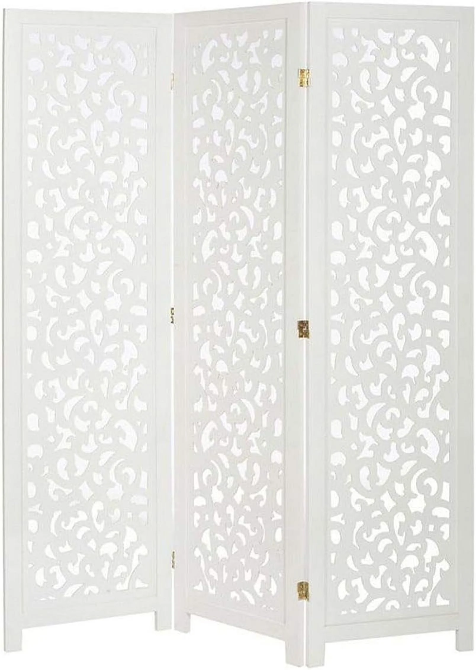 3 Panel Solid Wood Screen Room Divider, White Color with Decorative Cutouts, by YOJFOTOOU.