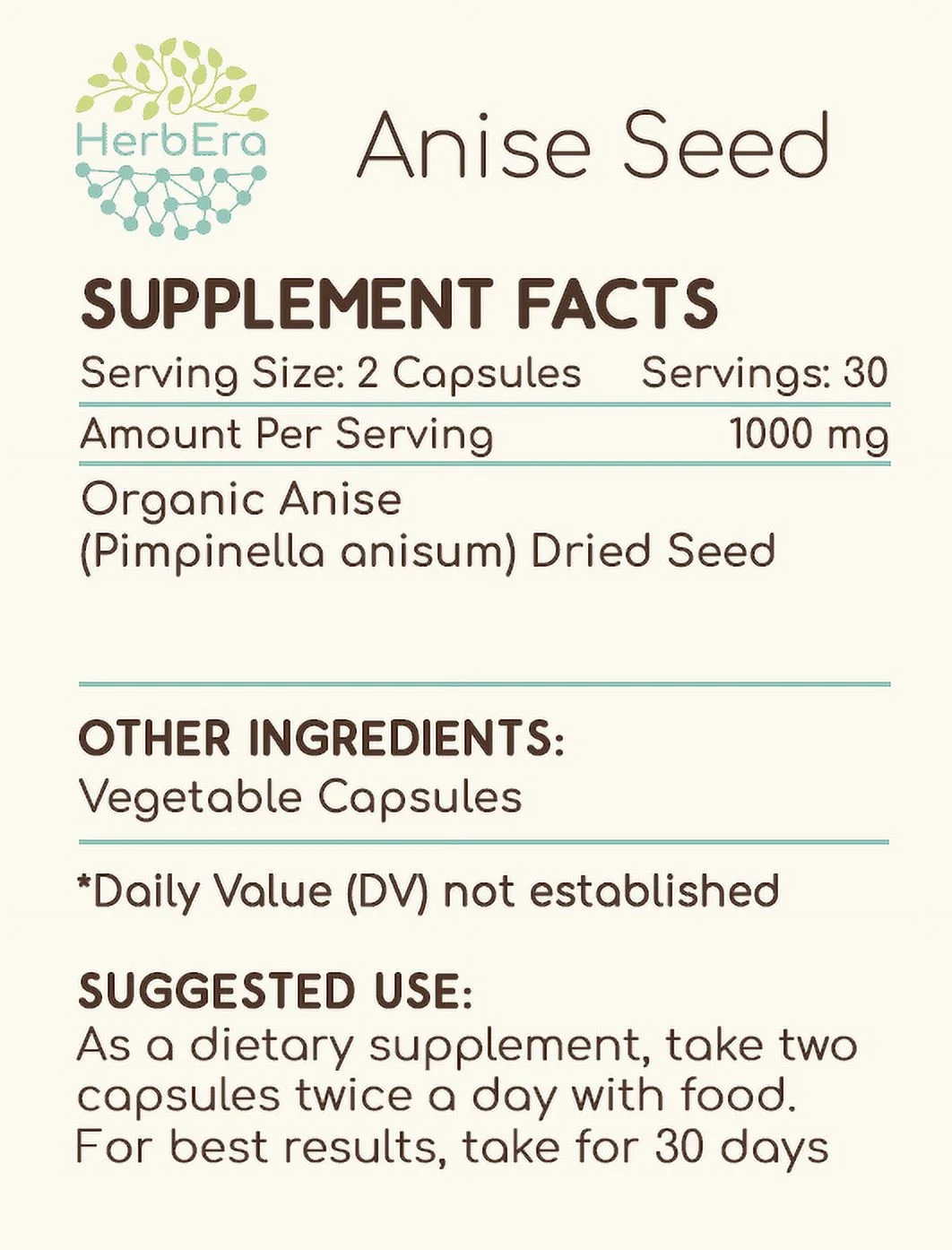 Anise Seed 60 Capsules, 500 mg, Organic Anise (Pimpinella Anisum) Dried Seed