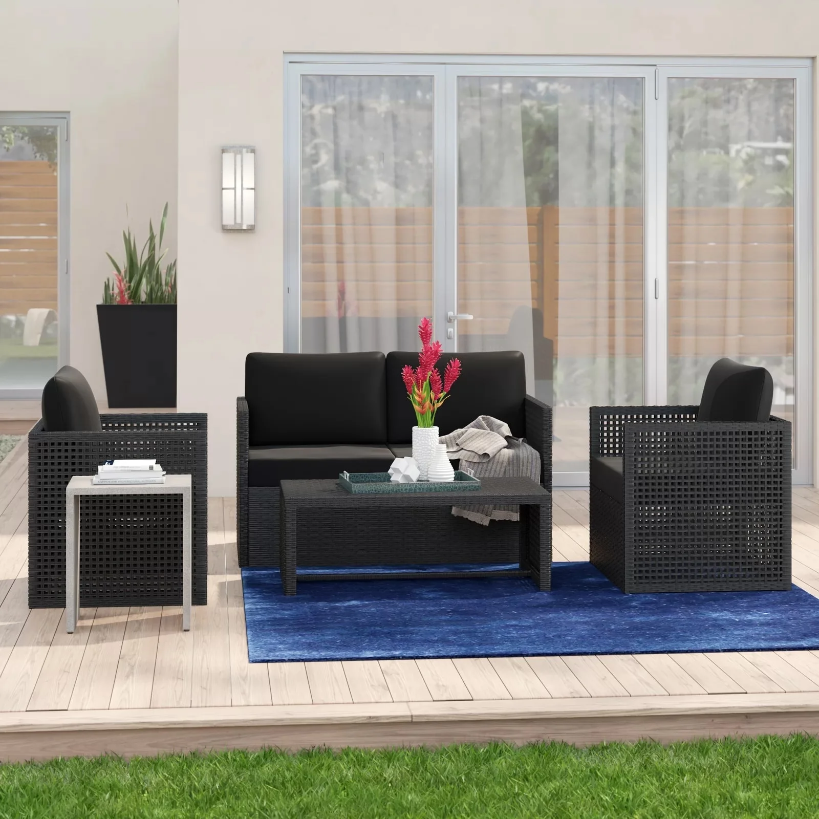 Westin Outdoor Audy Outdoor 4-Piece Cushioned Rattan Patio Furniture Chat Set Gray