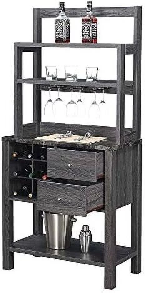 2 Drawer Serving Bar With Wine Rack And Shelves, Black Faux Marble/Wead Gy