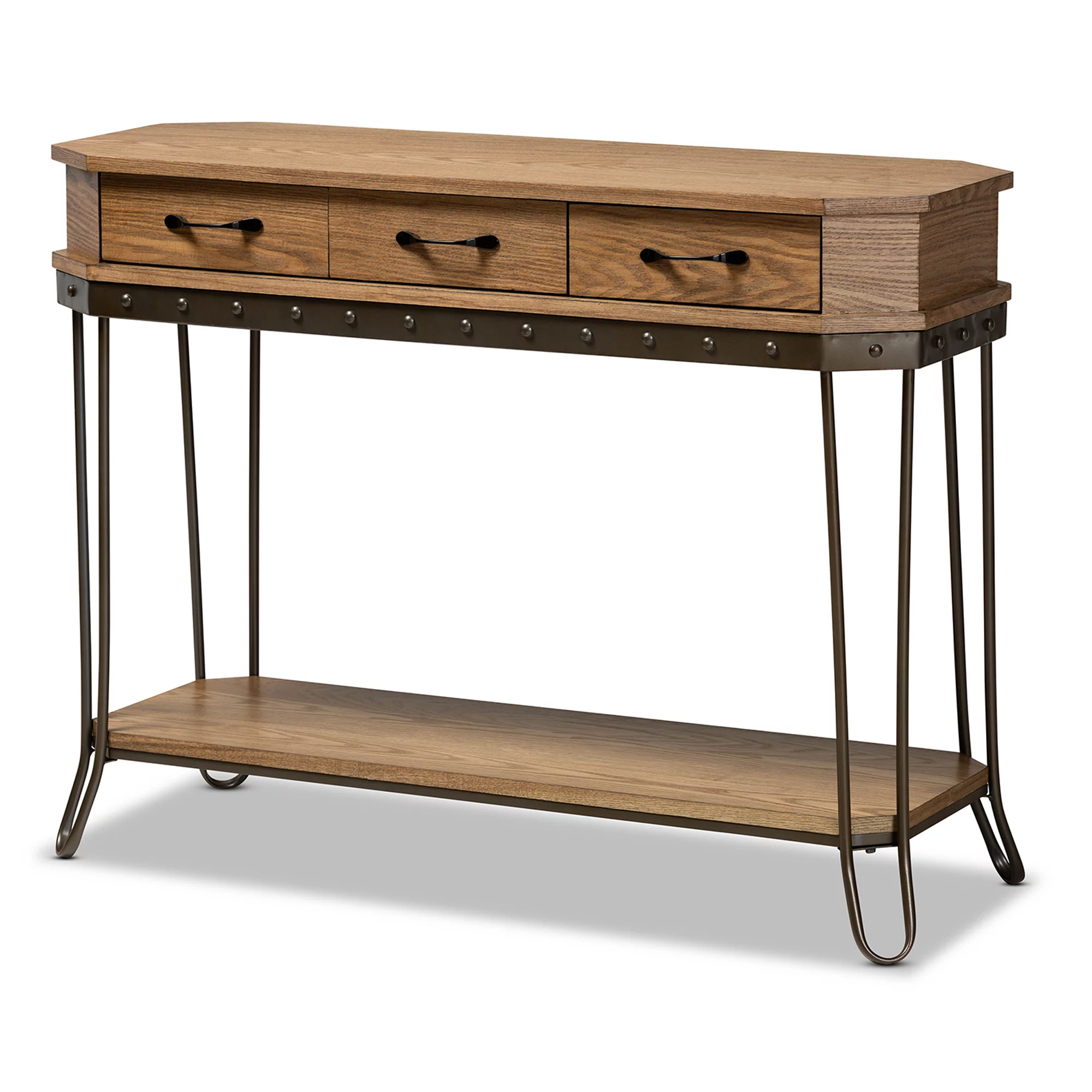 Baxton Studio Kellyn Industrial Wood and Metal 3 Drawer Console Table, Oak