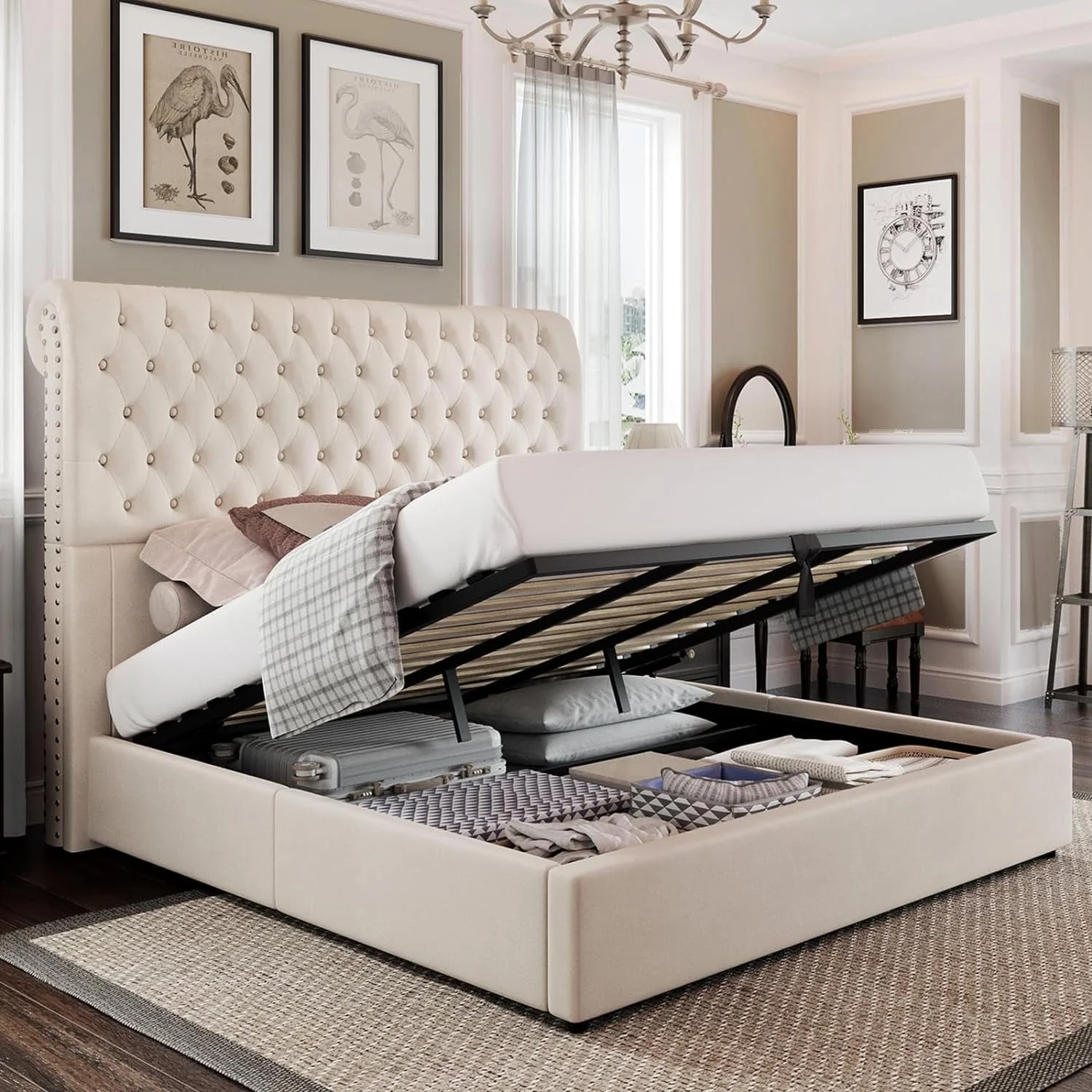 Jocisland King Size Lift Up Storage Bed Frame Velvet Upholstered Sleigh Platform Bed with 52.4