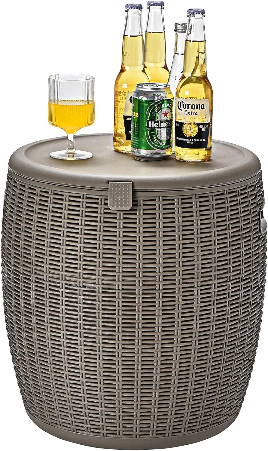 Safstar Outdoor Cooler Table, 9.5 Gallon Ice Cool Table w/Top Lid, Side Handle, Drainage Plug, Weather-Resistant Wicker Rattan Round Ice Bucket for Cocktail Beer Wine in Patio Party Pool