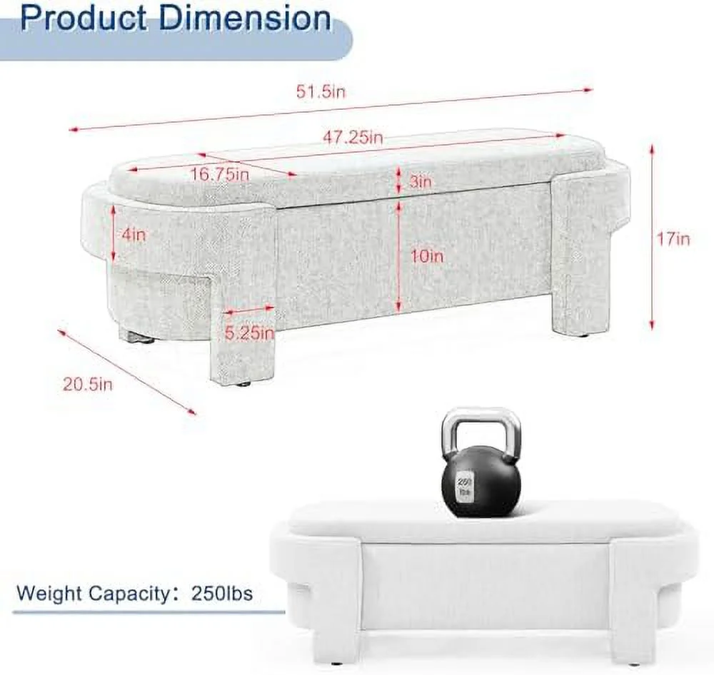 TQJKLFDY 51.5"  Bench  Linen Fabric Upholstered  Ottoman with Safety Hinge and Solid Wood Legs   Ottoman Bench for Bedroom  End of Bed  Living Room  Entryway  Window Side (White)