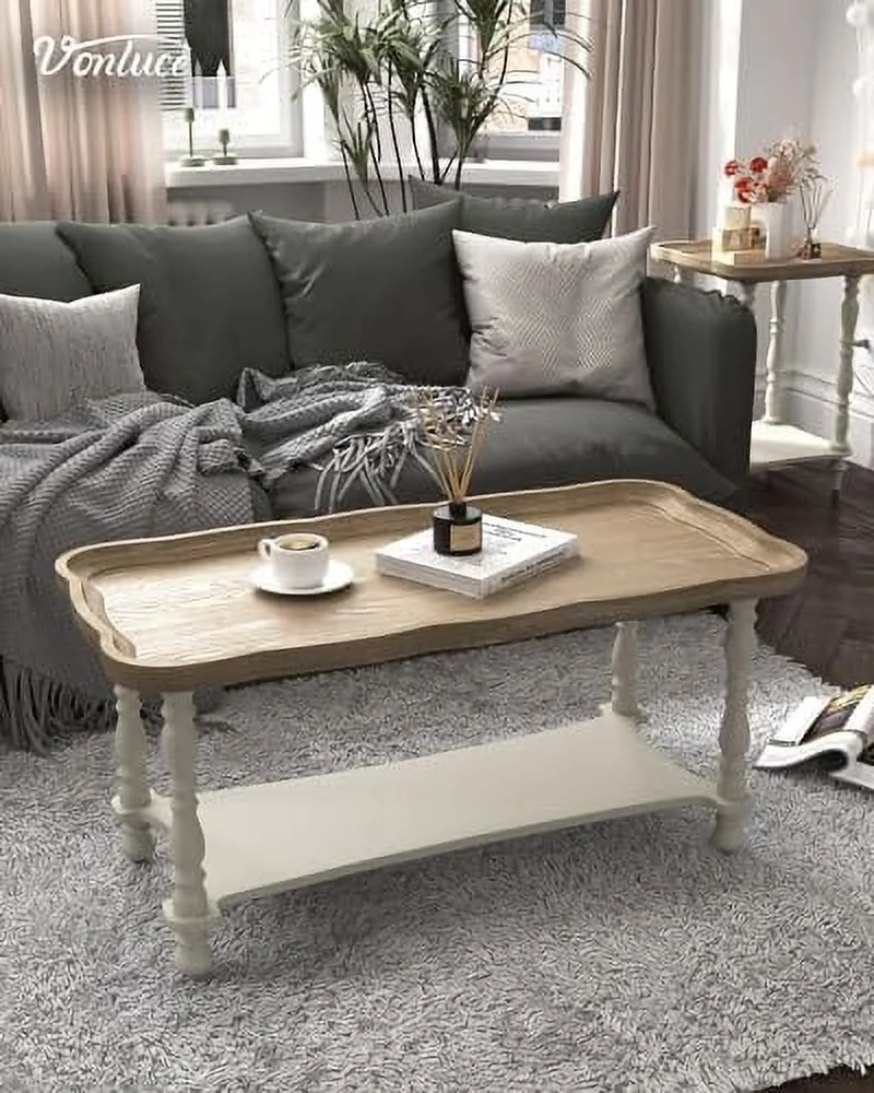 Modern Coffee Table French Country Farmhouse Coffee Table 40'' Farmhouse Rustic Unfinished Wood Tray Top Vintage Coffee Table for Living Room Dining Room Bedroom Beige