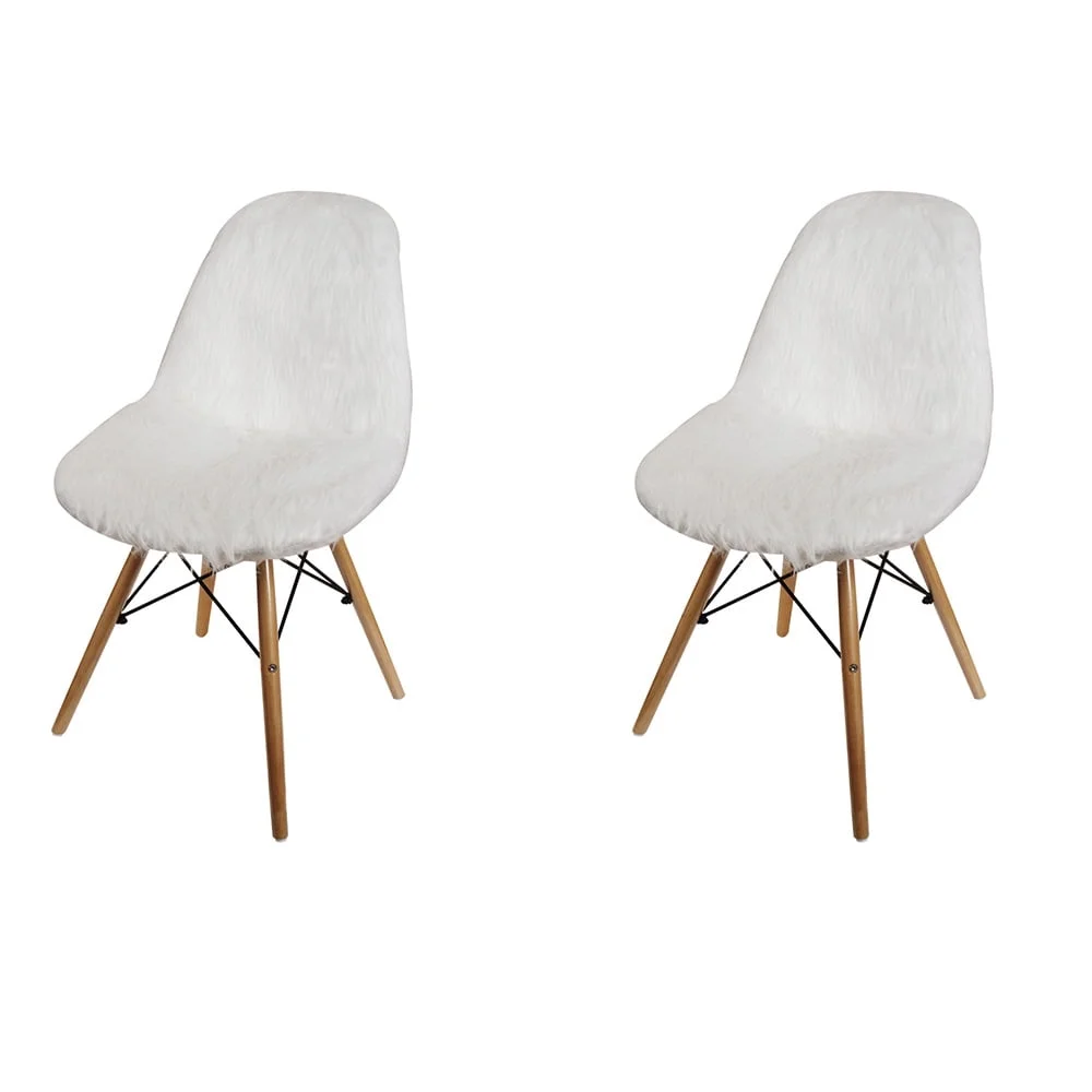 Leejay White Armless Faux Fur Fuzzy Desk Chairs with Wood Legs，Set of 2