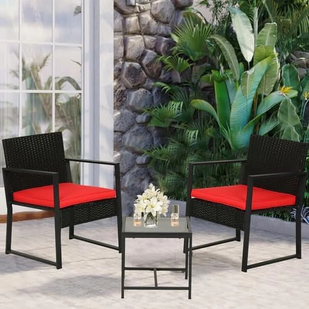 SQGFE Outdoor   Porch  with Elastic PE Cane  3 Piece Patio Set with Glass Table  Balcony  Set with Metal Frame  Small Patio  for Backyard Patio Balcony  Grey Cushion