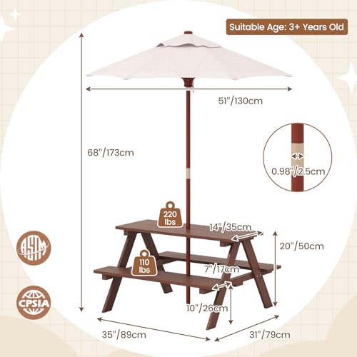 KOTEK Kids Picnic Table with Umbrella Foldable, Wooden Kids Table & Benches for Crafting, Eating & Playing, Outdoor Toddler Activity Table for Backyard, Patio, Garden, Gift for Ages 3-8 (Brown)