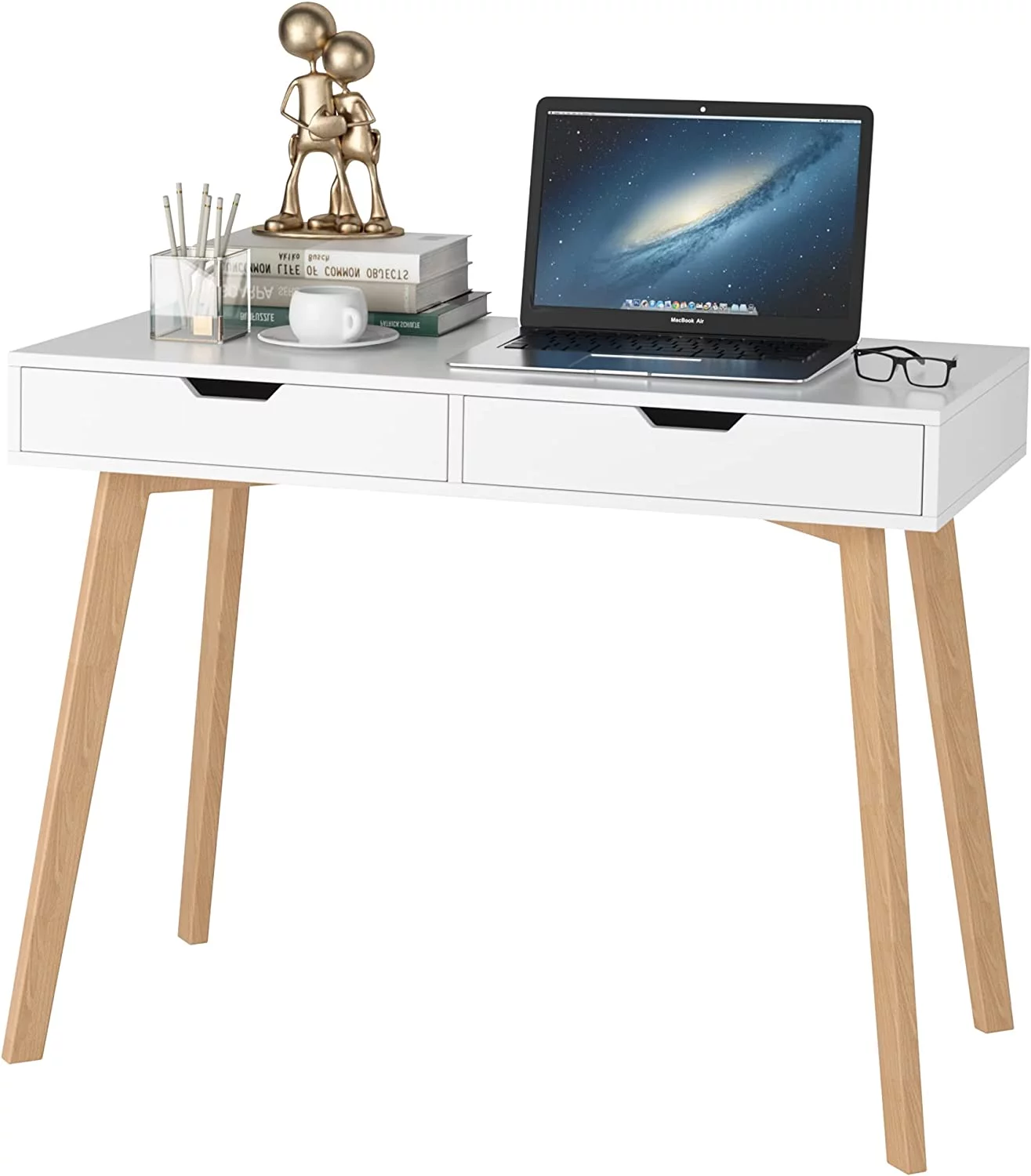 White Computer Writing Desk with 2 Drawers, Modern Home Office Desk with 4 Oak Legs, Small Makeup Vanity Table Desk Console Study Table