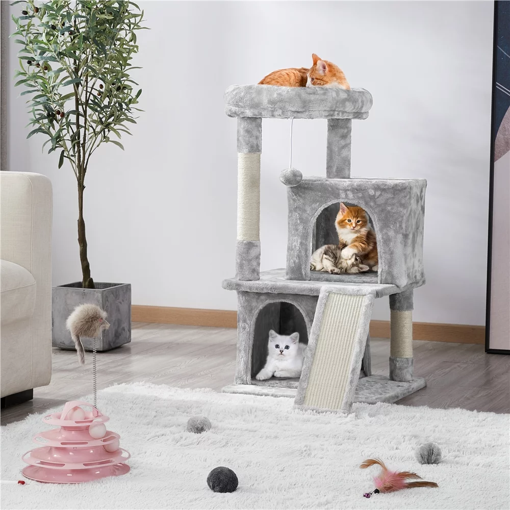 Easyfashion Multilevel Plush Cat Tree with Double Condos and Furry Ball,Light Gray