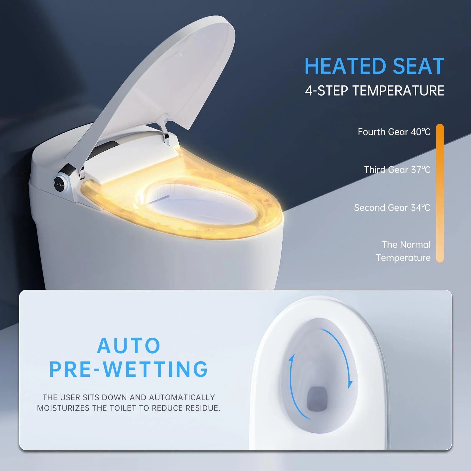 Modern Smart Toilet, Elongated One Piece Toilet with Heated Seat, Foot kicking Flush, Pre-Wet,Soft Closing Seat, Knob Control and Night Light,Tankless Toilet without Bidet