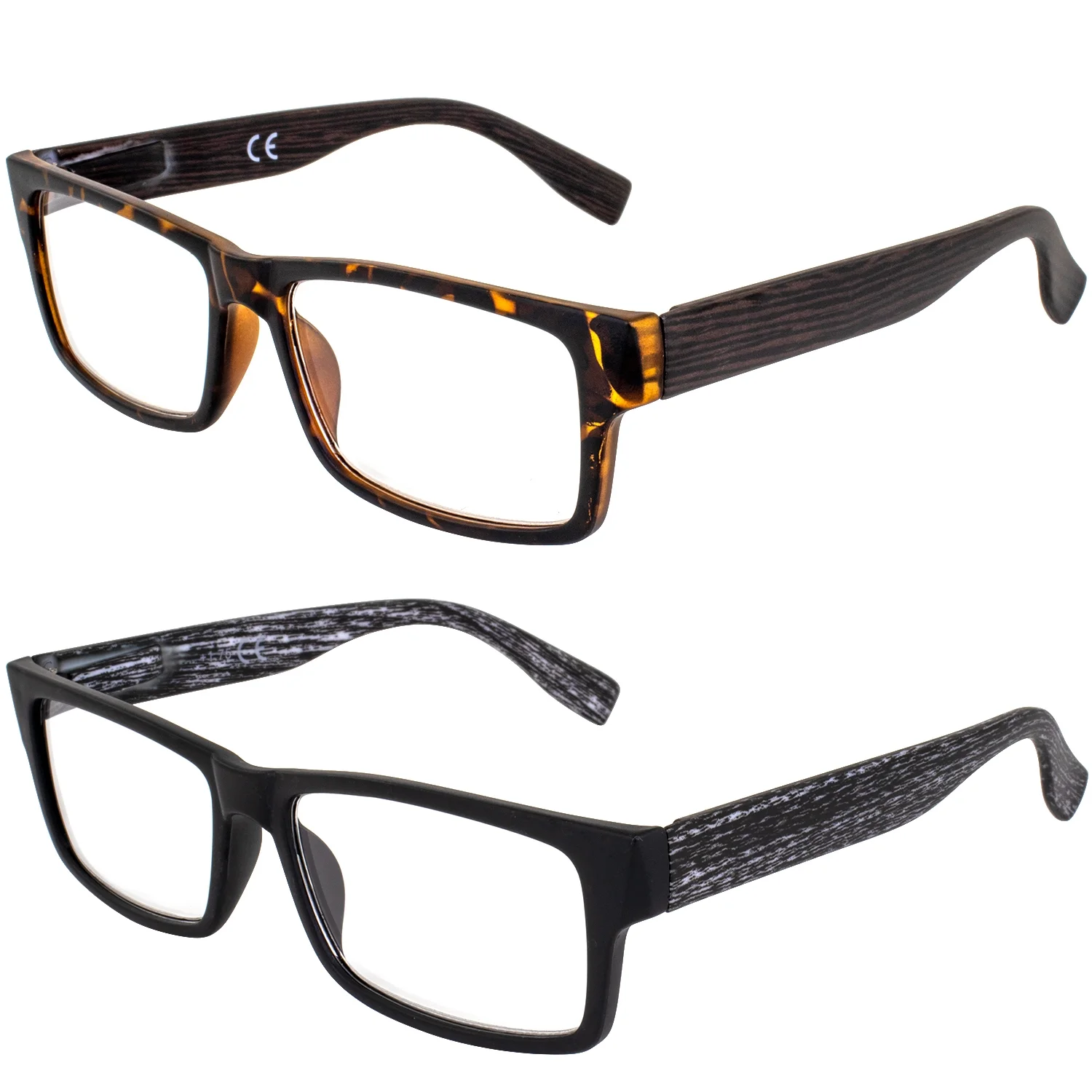 2 Pairs of Global Vision Wood Premium Reader Glasses Polycarbonate Black & Tortoise Frames w/ Simulated Woodgrain Temples Acrylic Clear Reading Lenses +2.5 Magnification Reading Glasses for Men Women