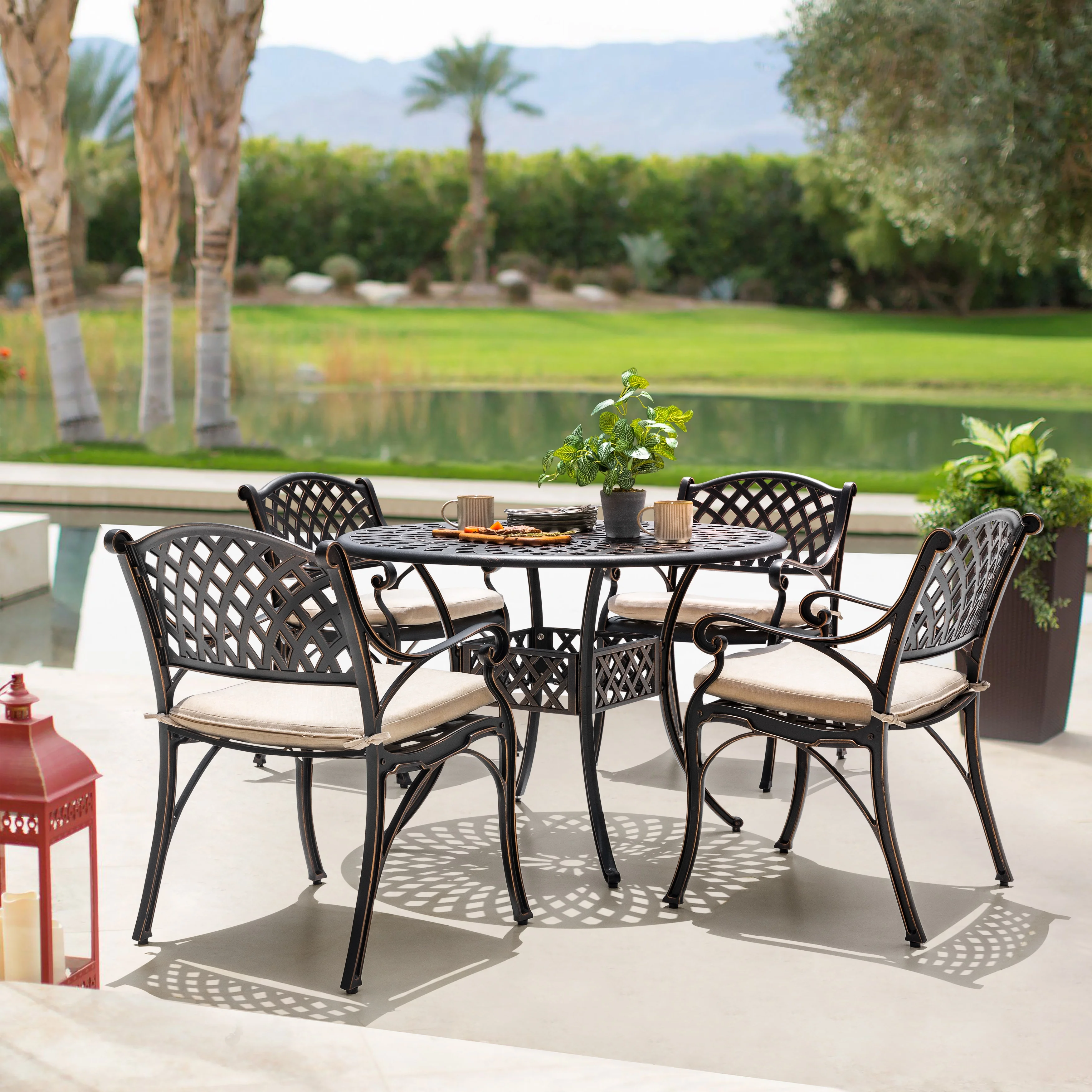 Nuu Garden Cast Aluminum Outdoor 5-Piece Patio Dining Set, Patio Bistro Furniture Set, 4 Patio Chairs with Cushions, Dining Table with Umbrella Hole, Bronze and Beige