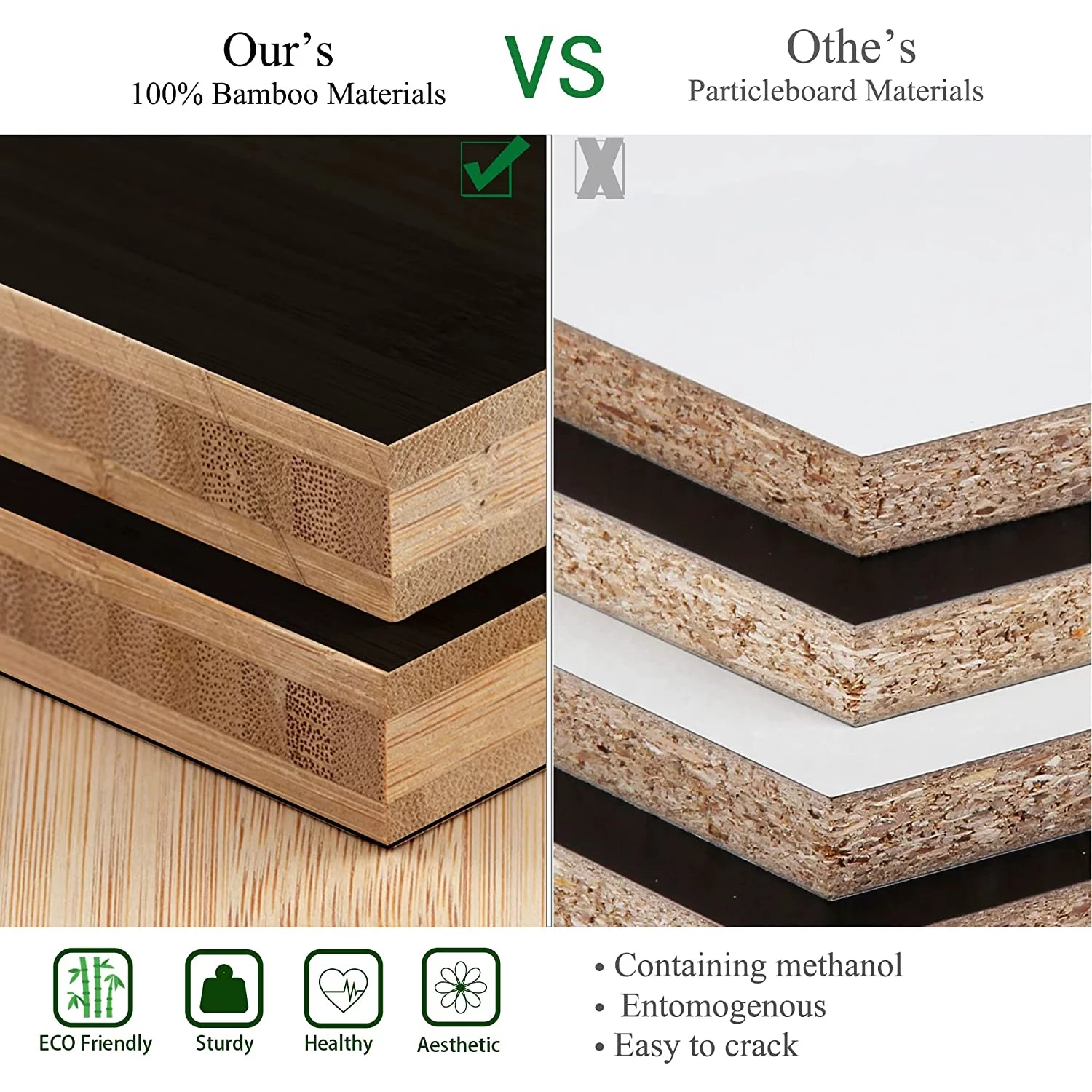 Nightstand with Drawer, Bamboo, Nightstand, Small Cabinet Black-