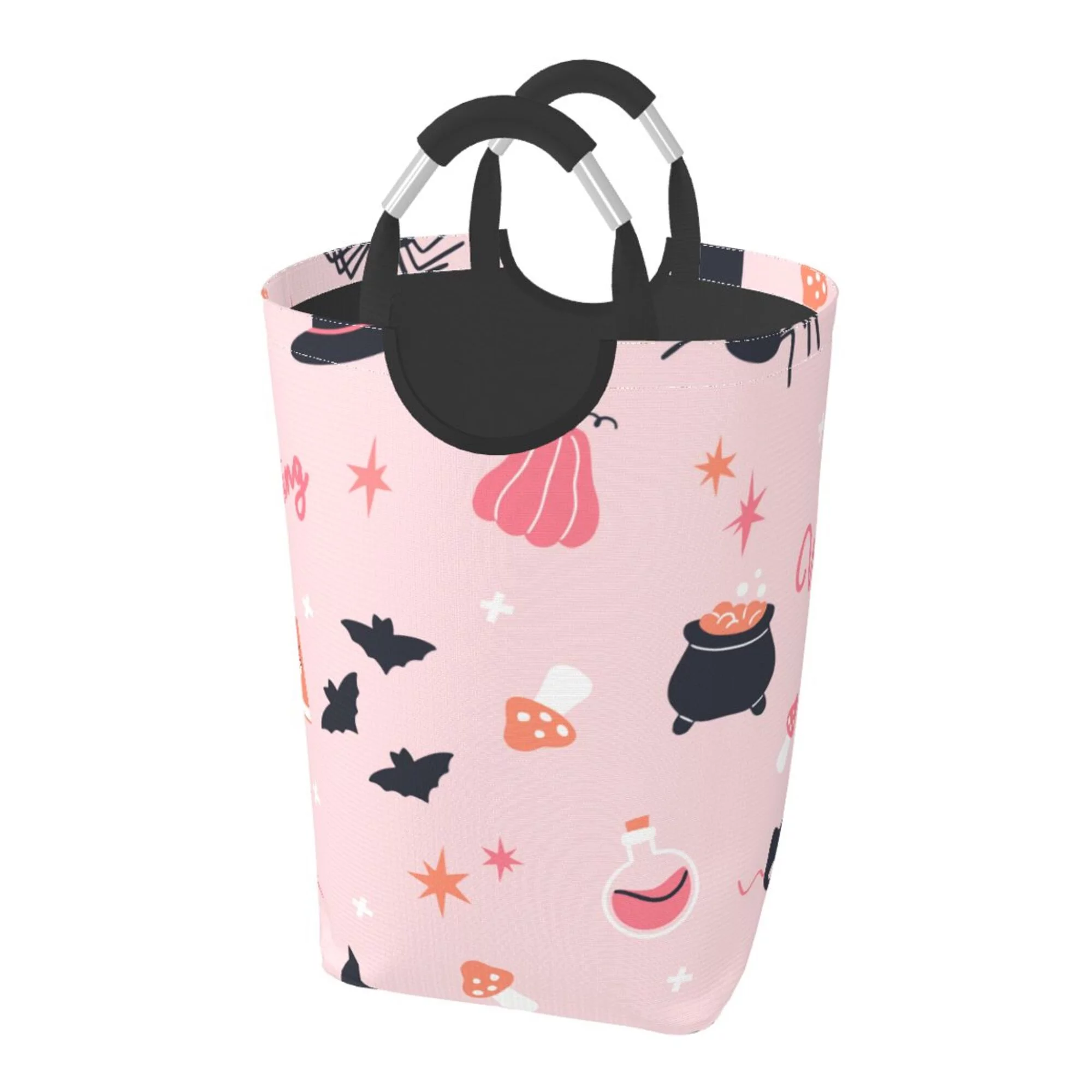 TEQUAN 50L Large Rectangular Laundry Hamper with Aluminum Handles, Pink Witch Hat Bat Pumpkin Prints Waterproof Foldable Dirty Clothes Basket