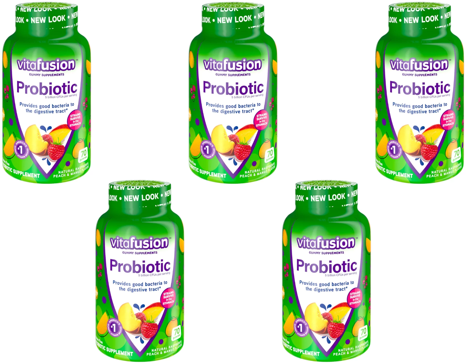 5 Pack Vitafusion Probiotic Gummy Supplement Raspberry Peach Mango 70 Gummies