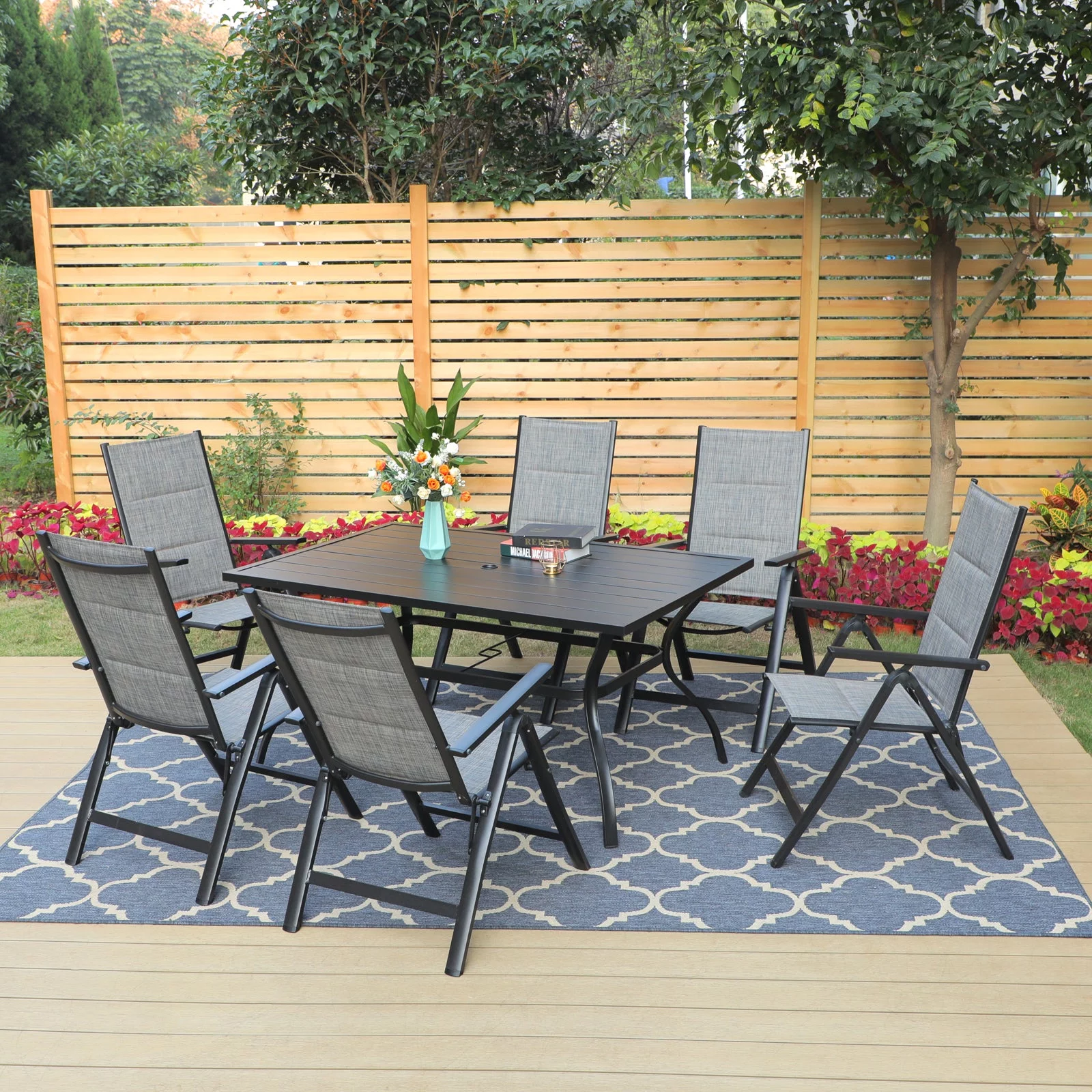 MF Studio 7-Piece Utralight Aluminum Outdoor Patio Folding Dining Set with 7-Level Adjustable Padded Chairs&Large Table for Dinner&Party, Gray